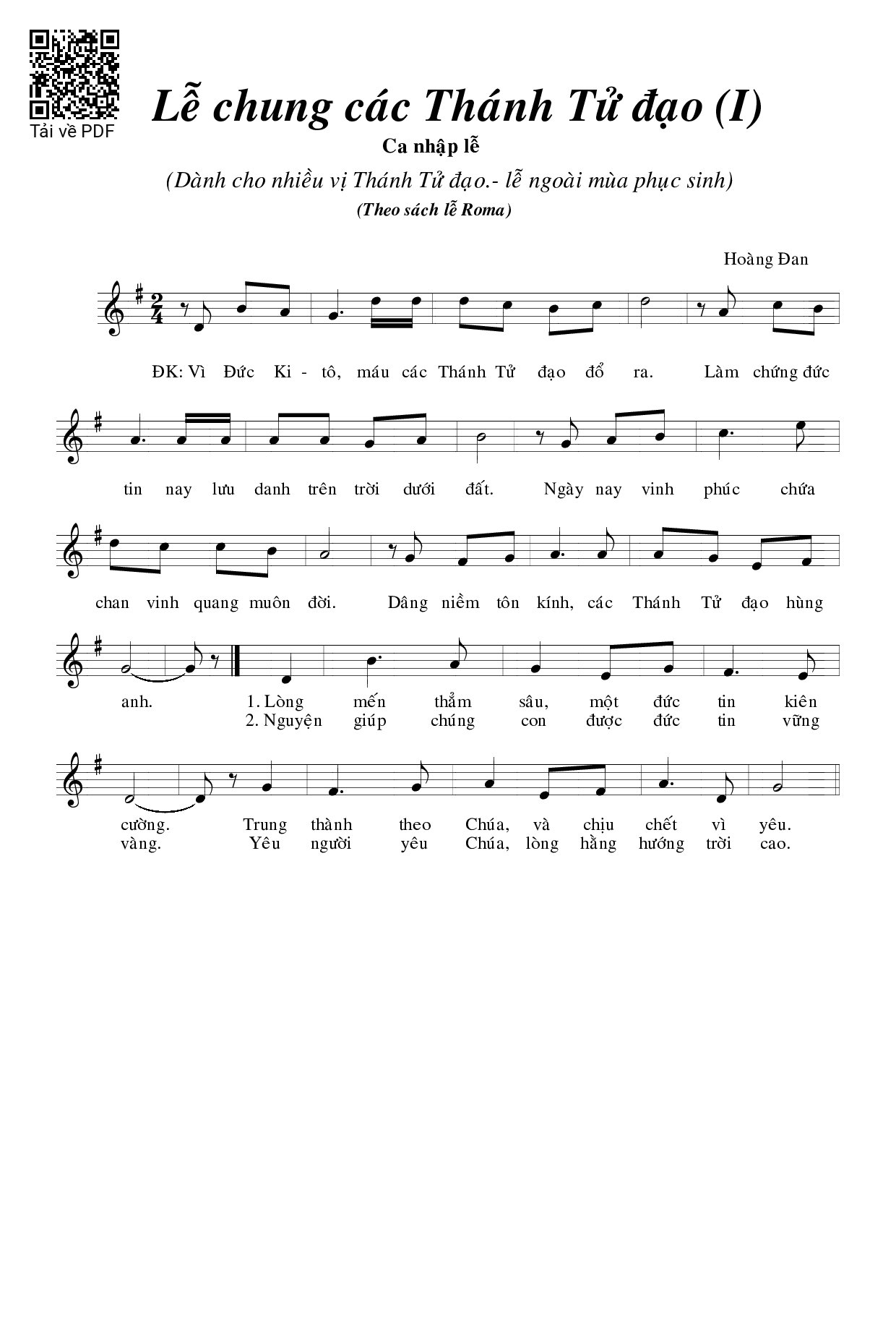 Sheet PDF of Lễ Chung Các Thánh Tử Đạo I