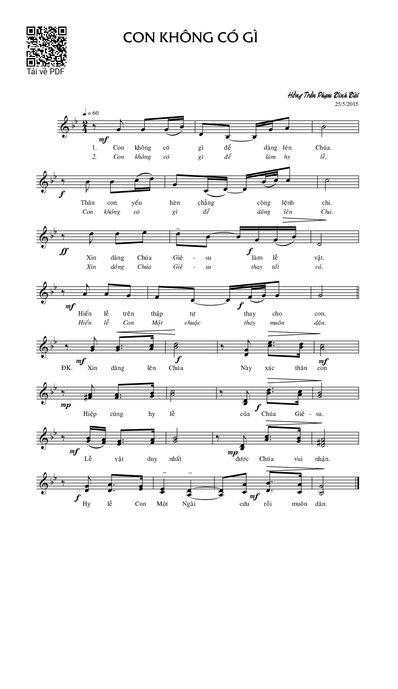 Page 1 of Sheet music PDF Con không có gì - Phạm Đình Đài