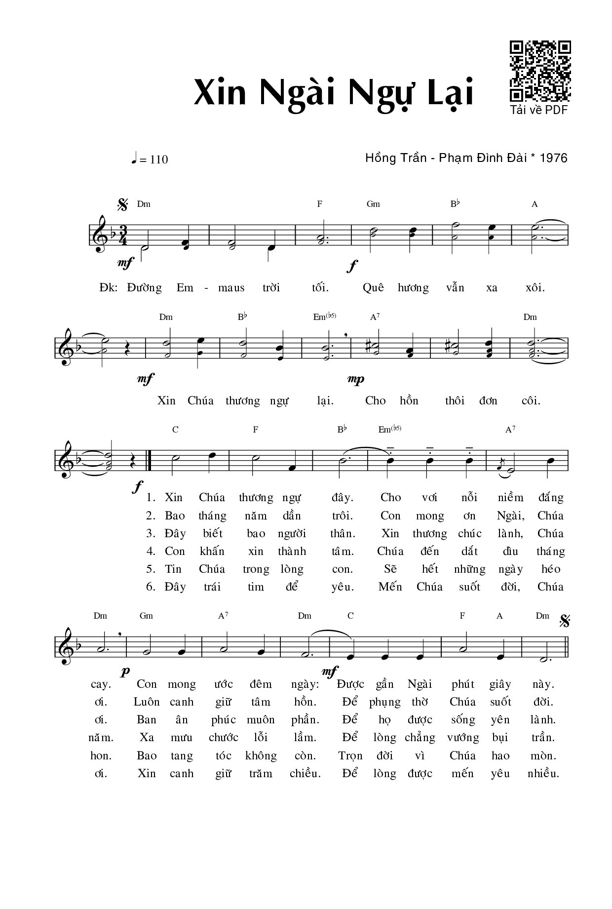 Page 1 of Sheet music PDF Xin Ngài ngự lại - Phạm Đình Đài