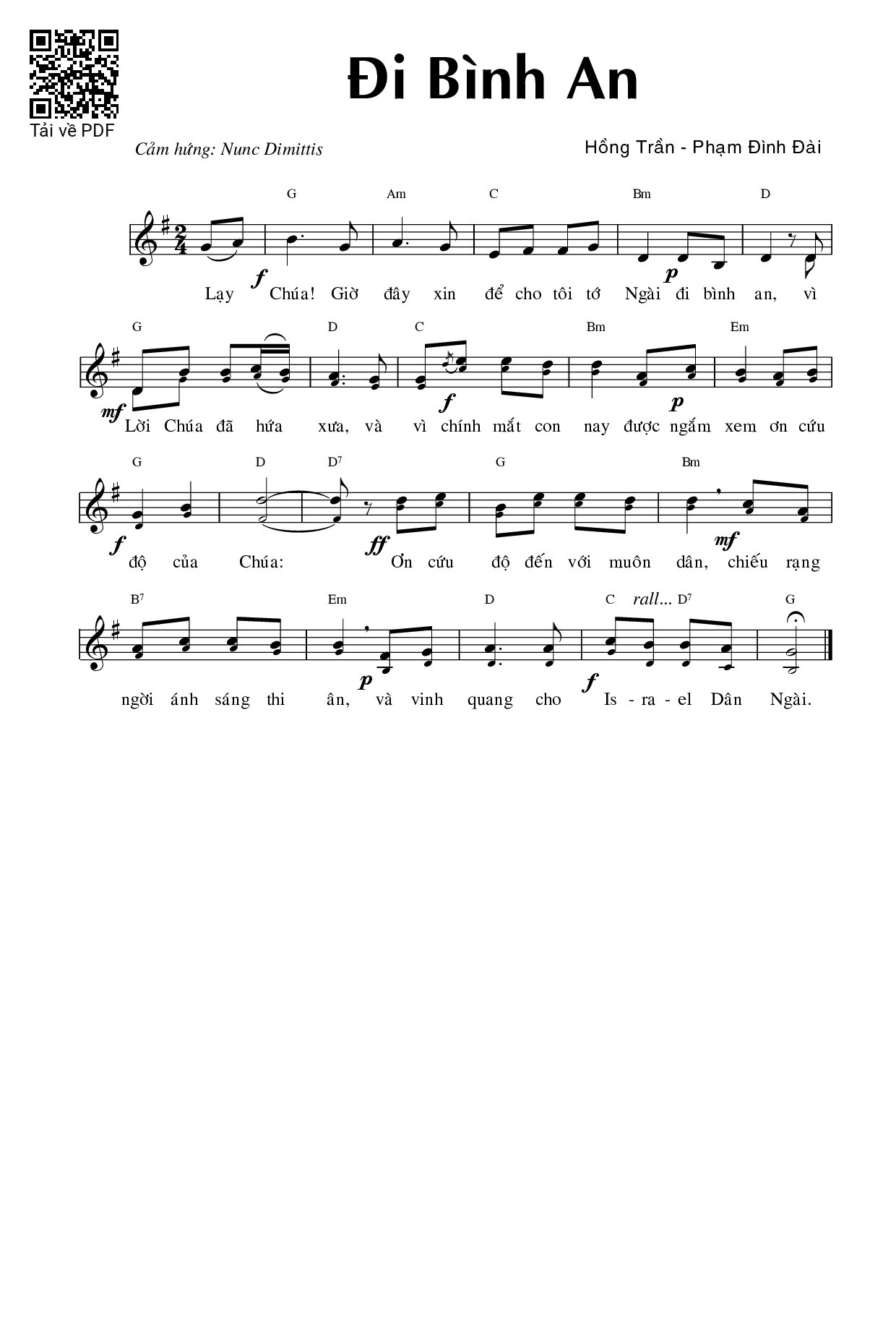 Page 1 of Sheet music PDF Đi bình an - Phạm Đình Đài