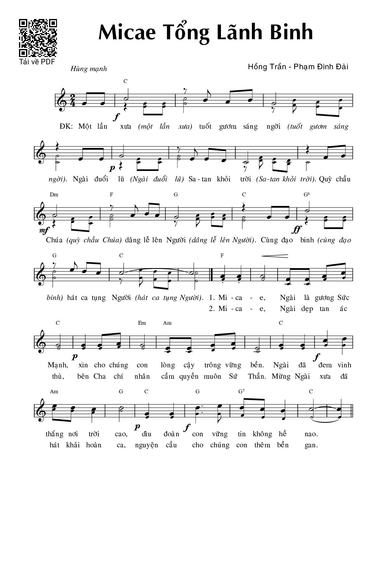Page 1 of Sheet music PDF Micae Tổng lãnh binh - Phạm Đình Đài