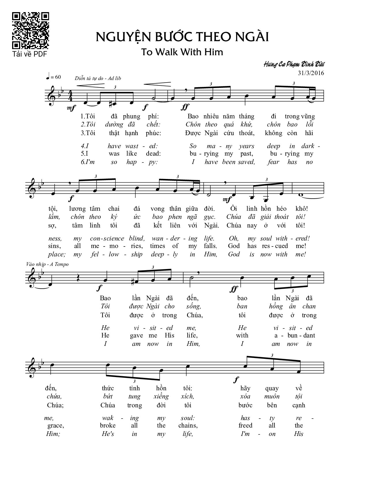 Page 1 of Sheet music PDF Nguyện bước theo Ngài - Phạm Đình Đài