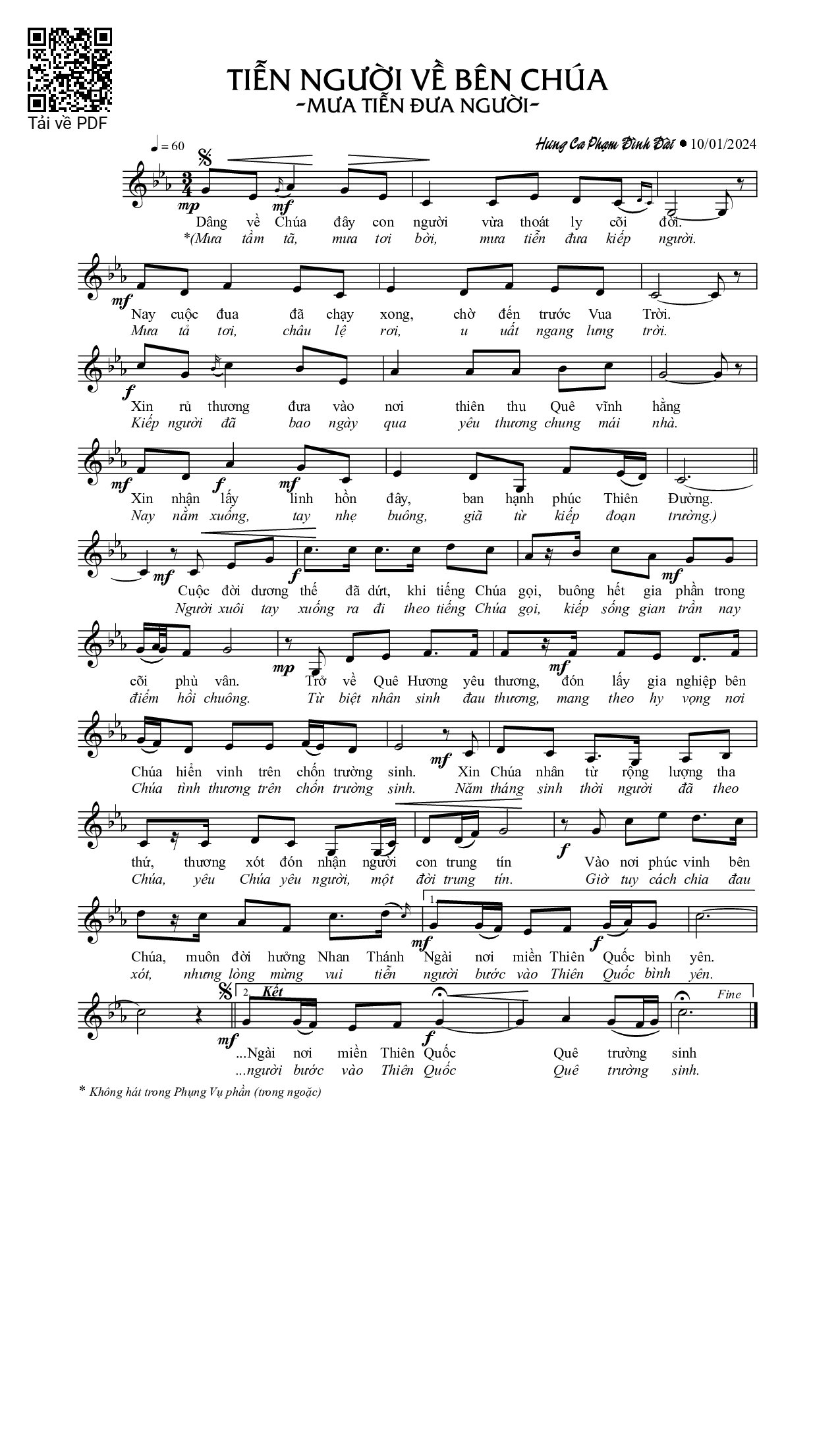 Page 1 of Sheet music PDF Tiễn người về bên Chúa - Phạm Đình Đài