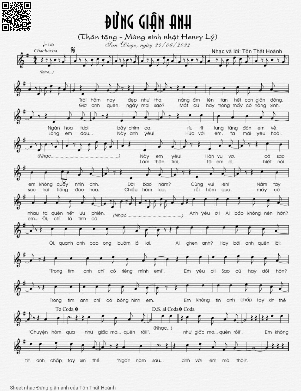 Page 1 of Sheet music PDF Đừng giận anh - Tôn Thất Hoành