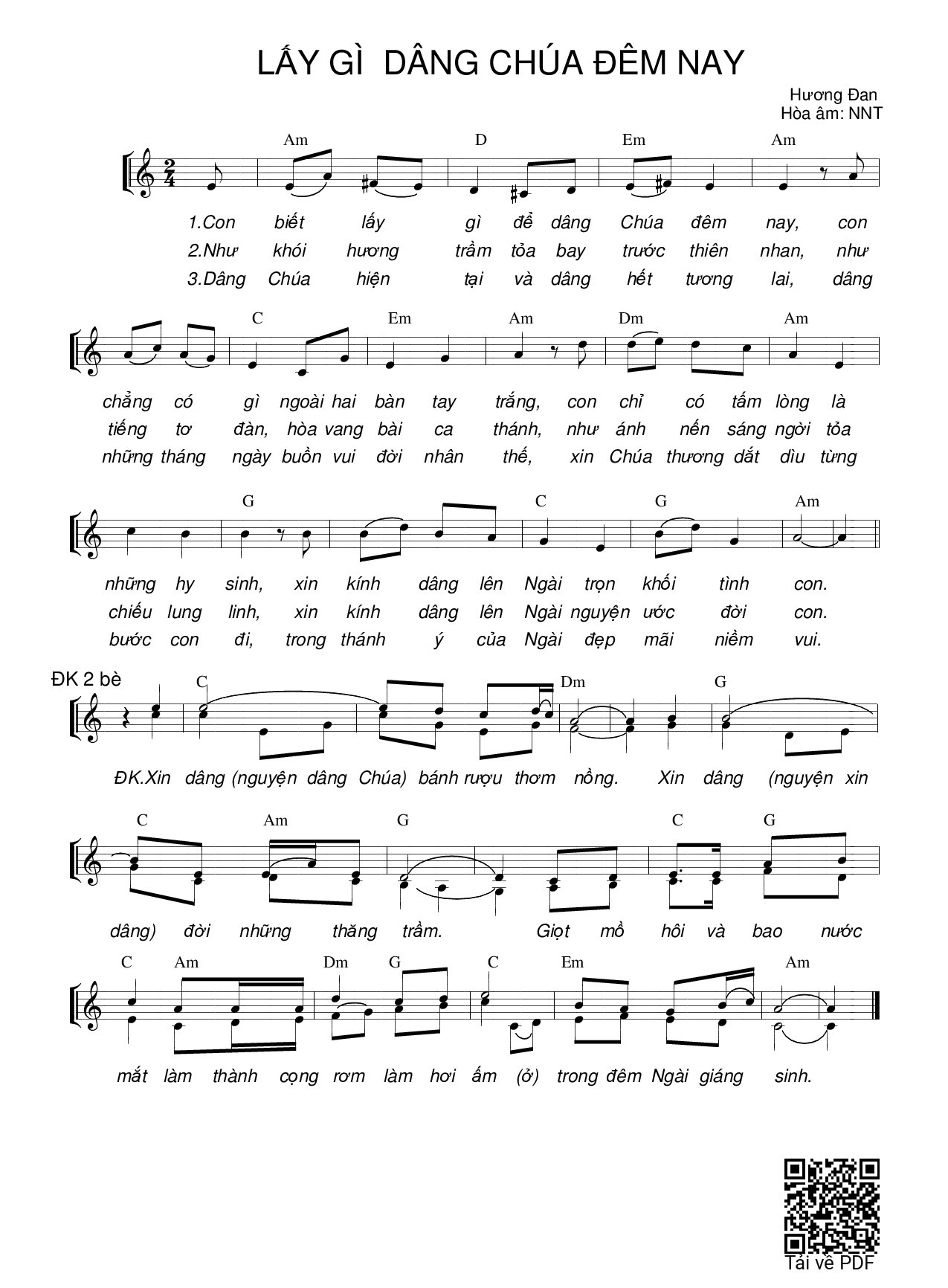 Page 1 of Sheet music PDF Lấy gì dâng Chúa đêm nay (3 bè) - Hương Đan
