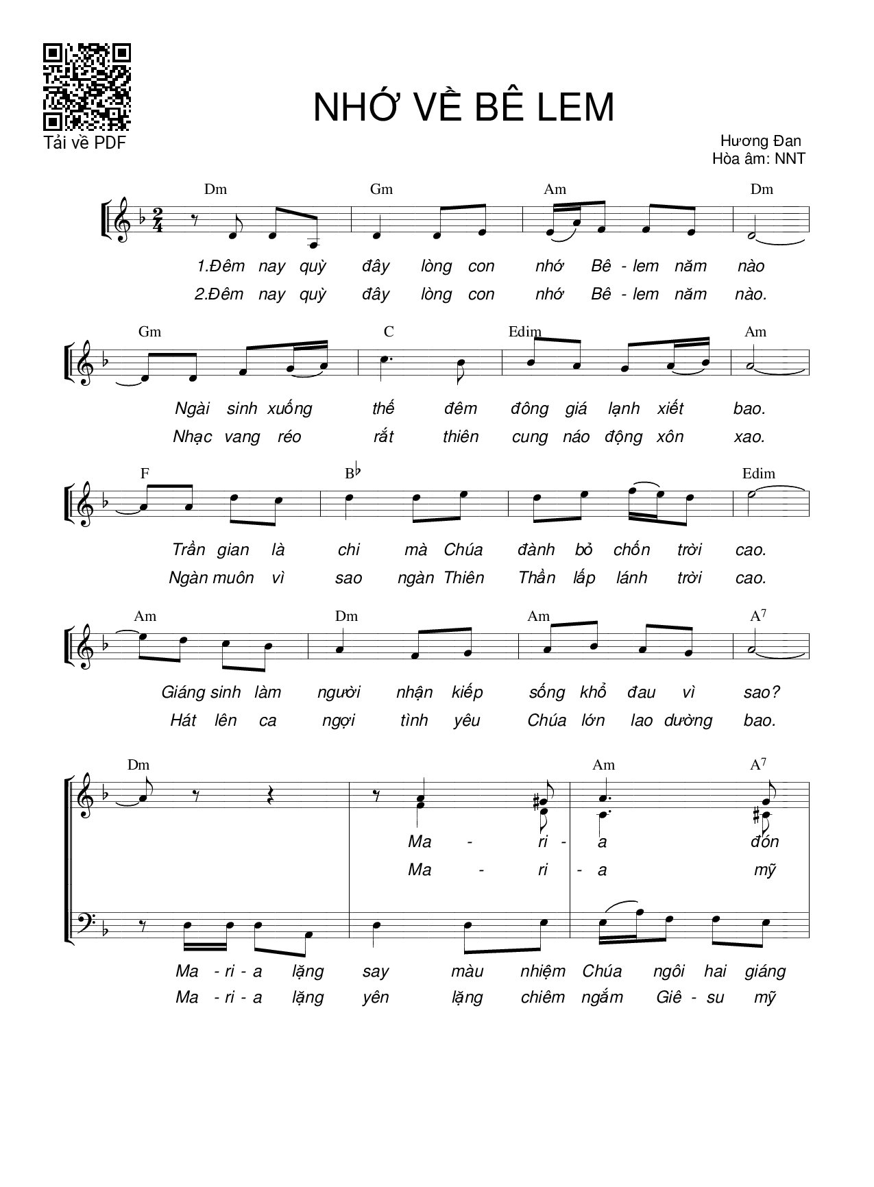 Page 1 of Sheet music PDF Nhớ về Bê Lem (4 bè) - Hương Đan