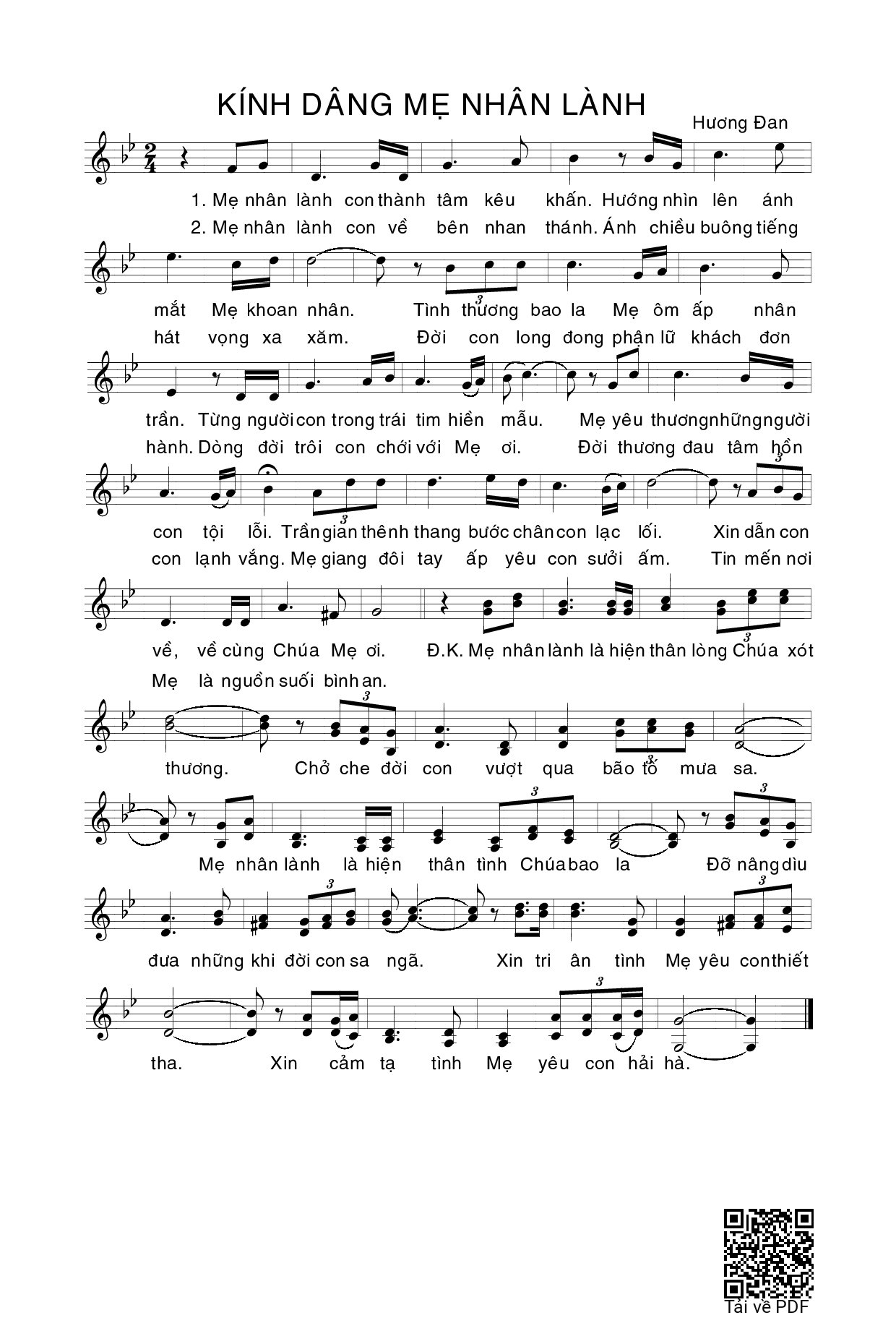Page 1 of Sheet music PDF Kính dâng Mẹ Nhân Lành - Hương Đan