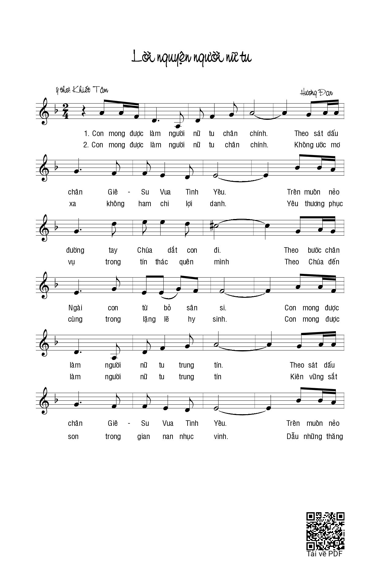 Page 1 of Sheet music PDF Lời nguyện người nữ tu - Hương Đan