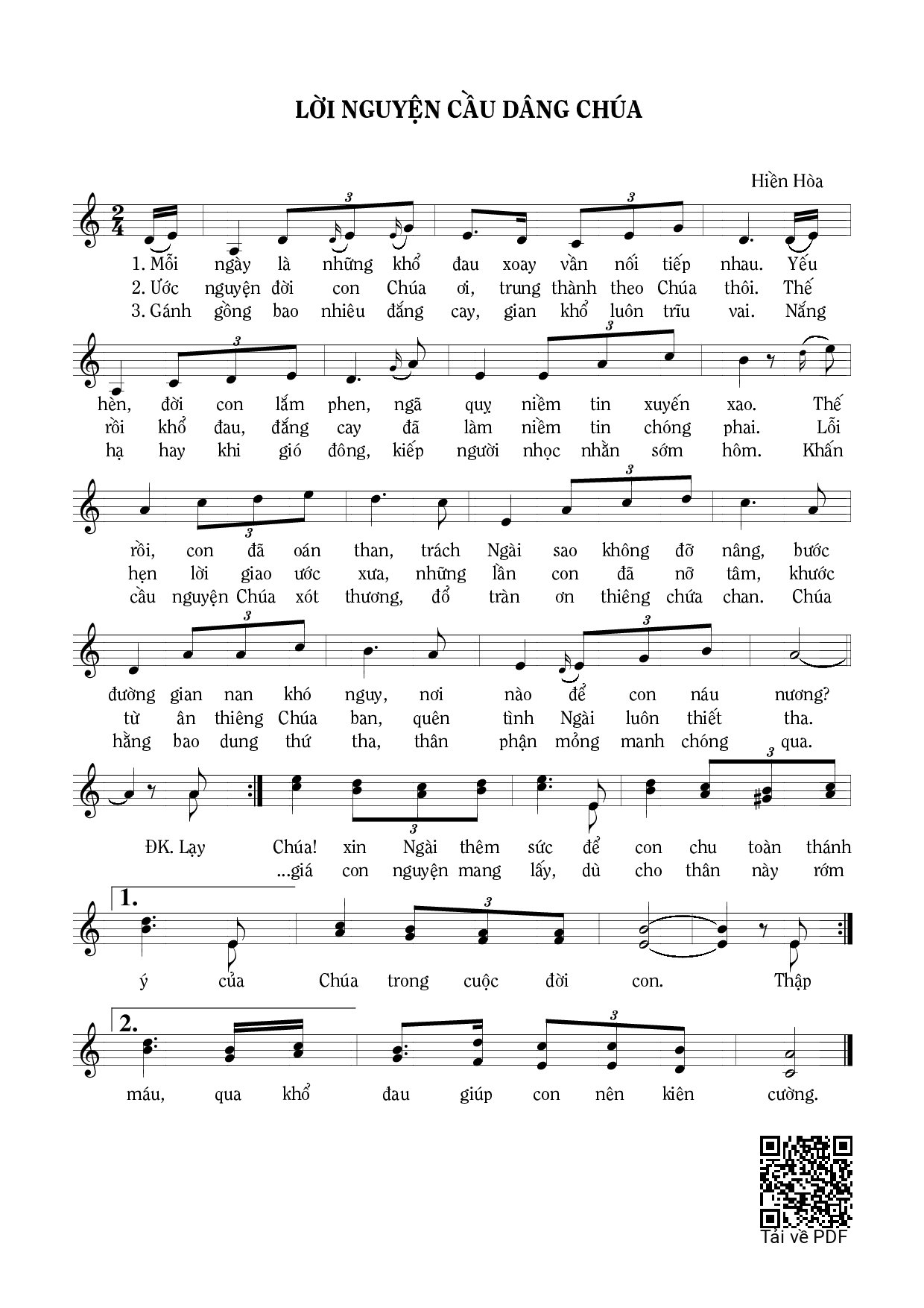 Page 1 of Sheet music PDF Lời nguyện cầu dâng Chúa - Hiền Hòa