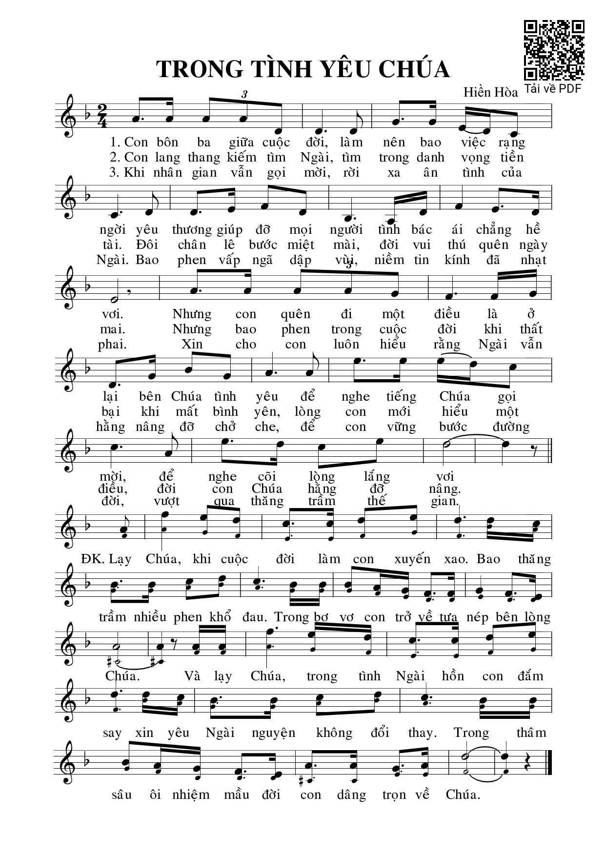 Page 1 of Sheet music PDF Trong tình yêu Chúa - Hiền Hòa