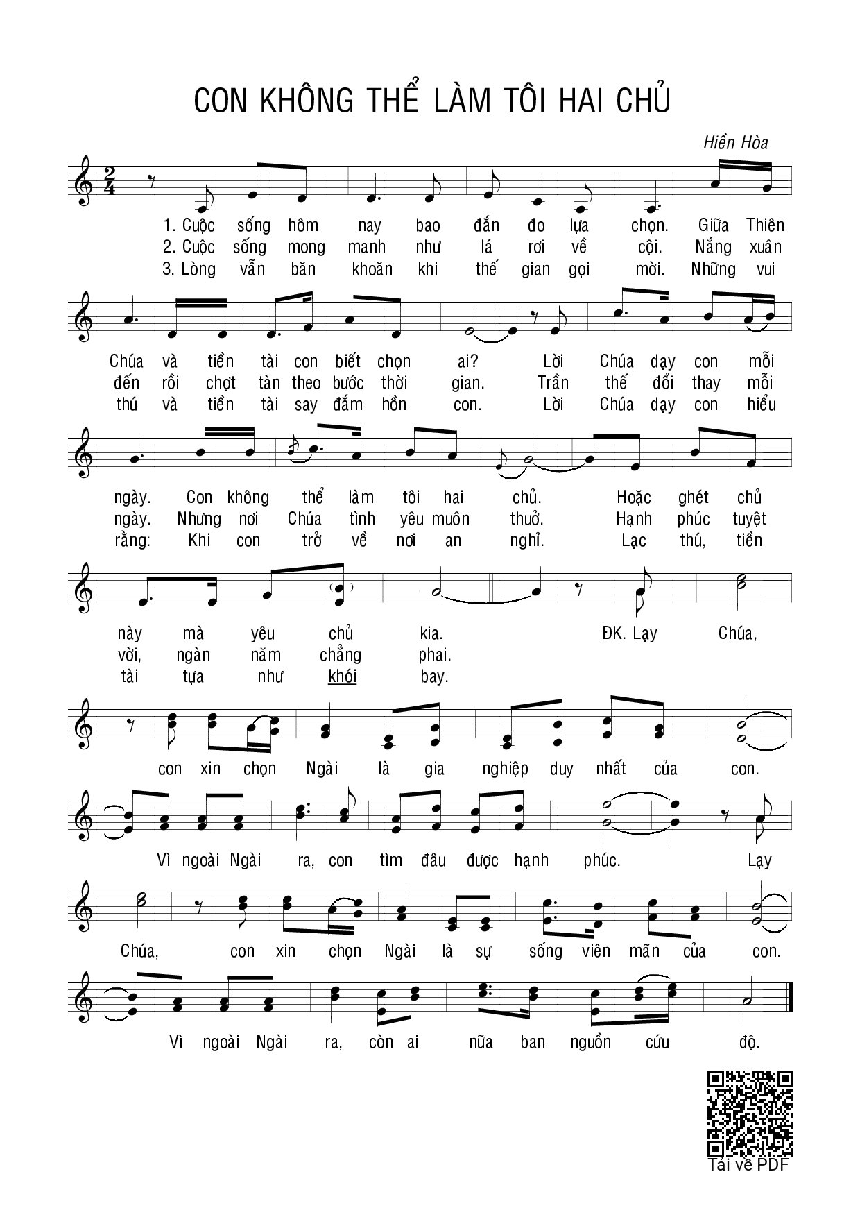 Sheet PDF of Con không thể làm tôi hai chủ (Mt. 6)