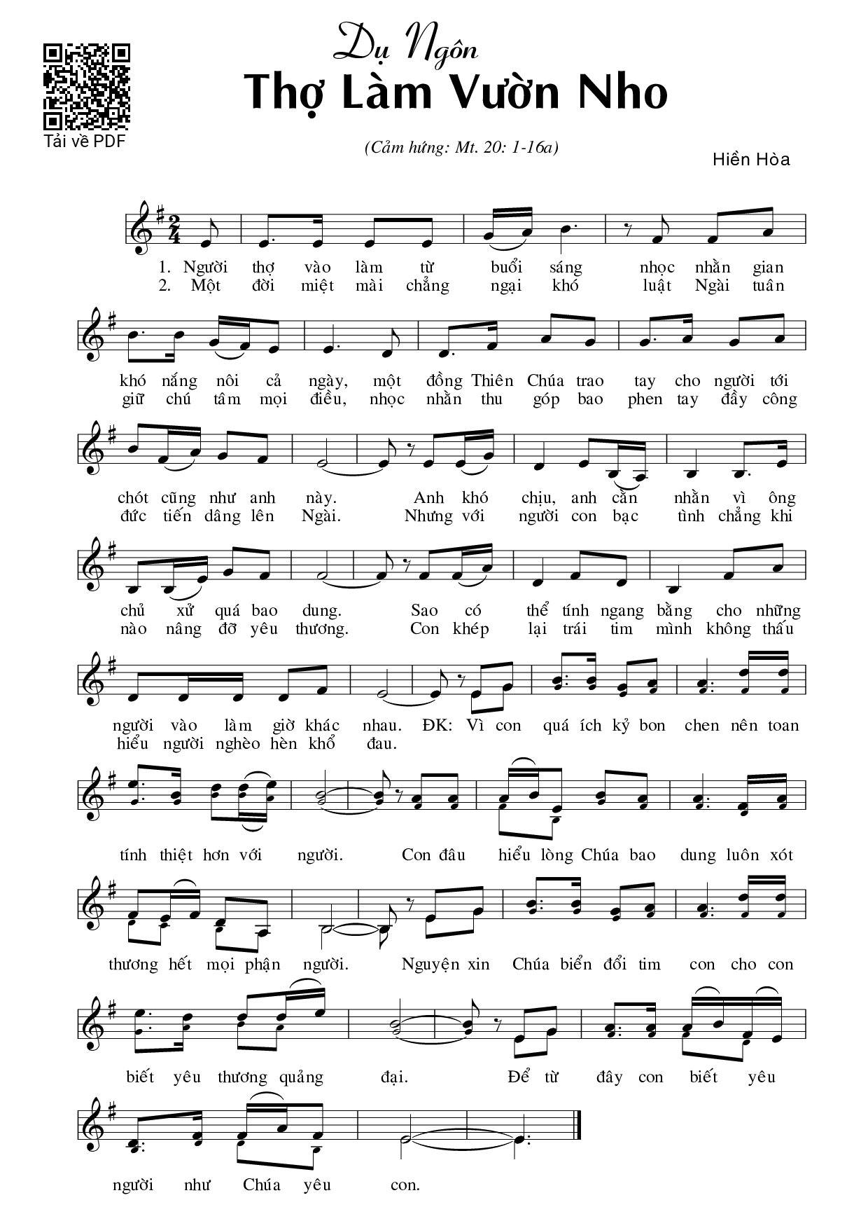 Page 1 of Sheet music PDF Dụ ngôn thợ làm vườn nho (Mt. 20) - Hiền Hòa