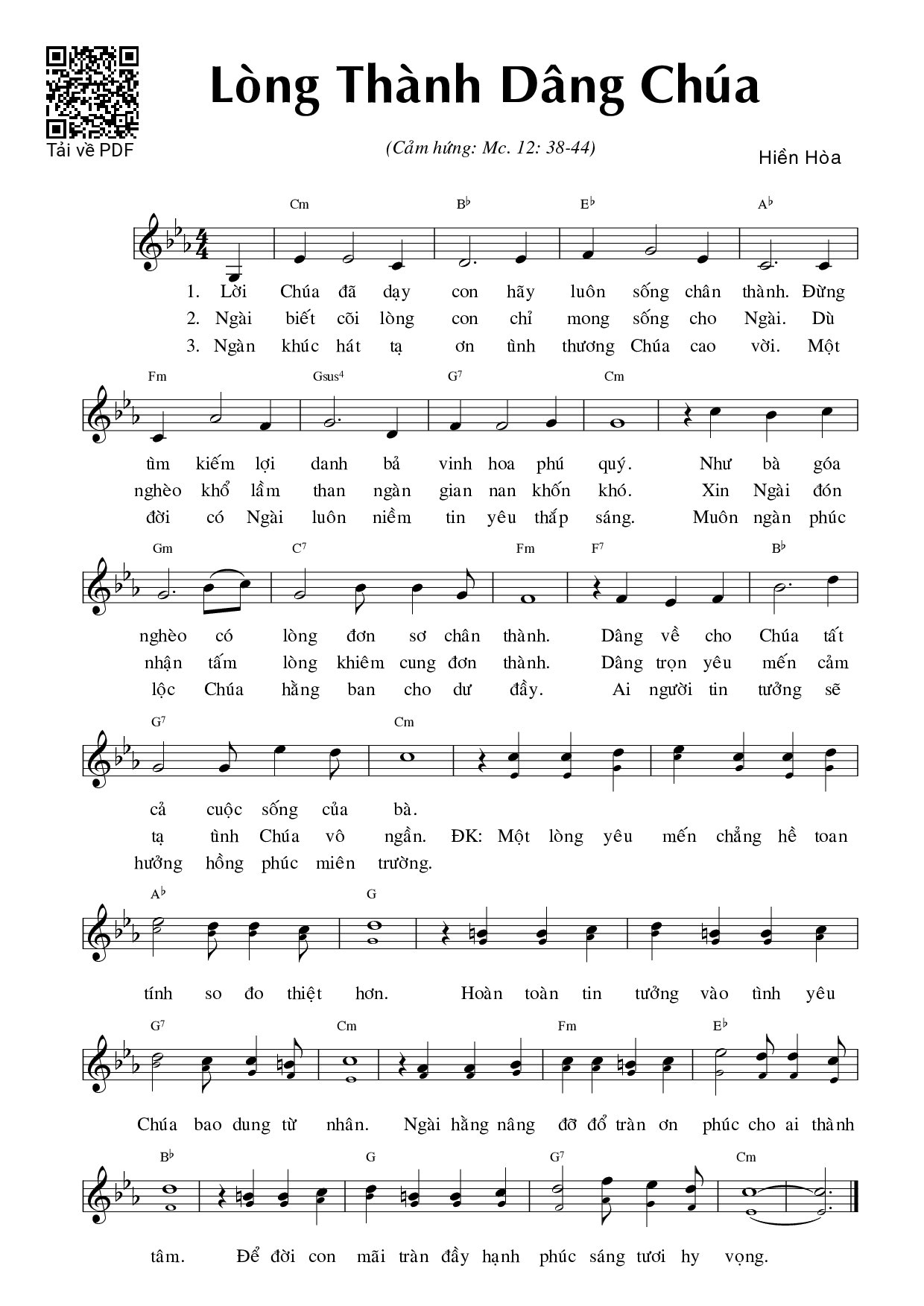 Page 1 of Sheet music PDF Lòng thành dâng Chúa (Mc. 12) - Hiền Hòa