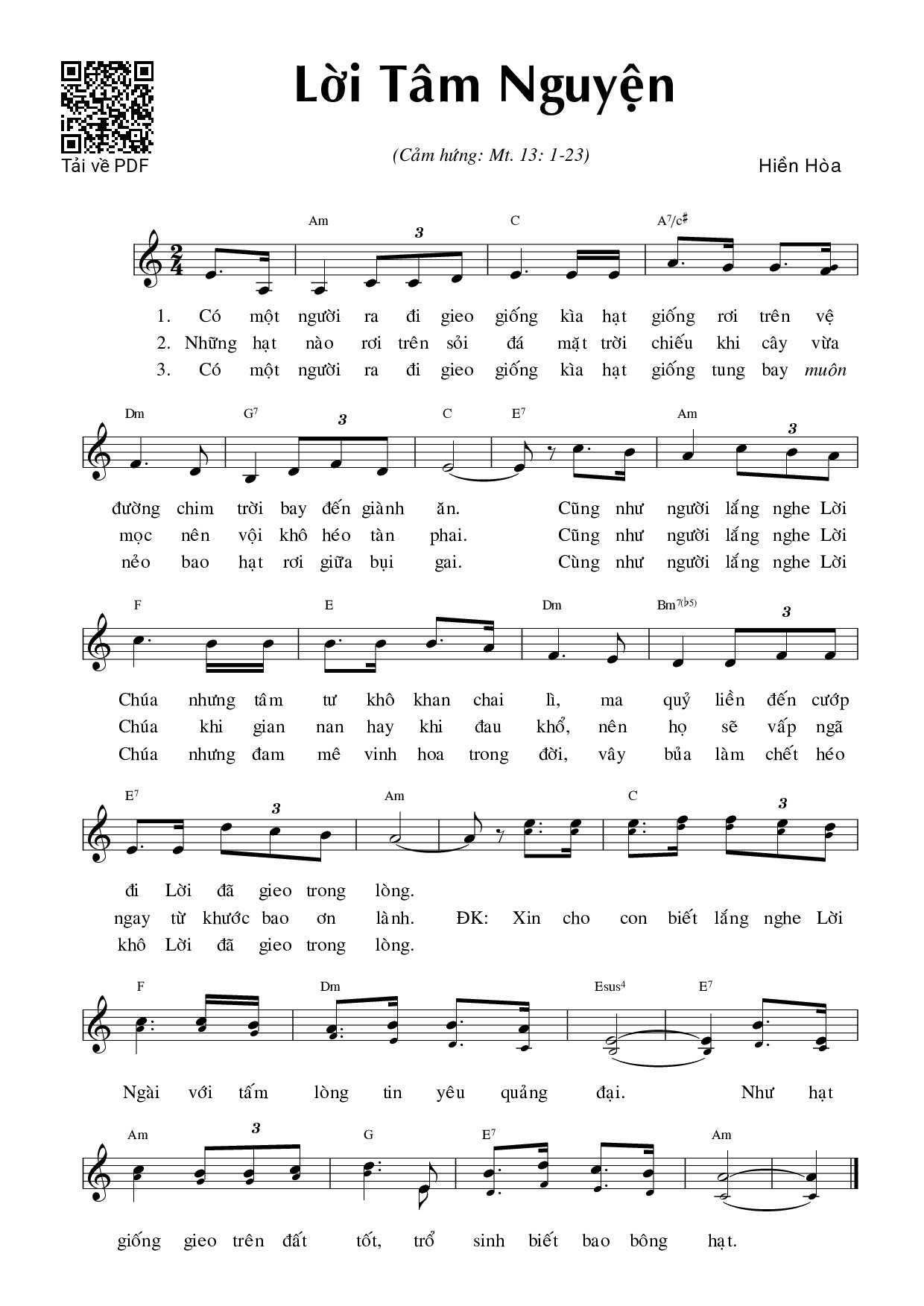 Page 1 of Sheet music PDF Lời tâm nguyện (Mt. 13) - Hiền Hòa