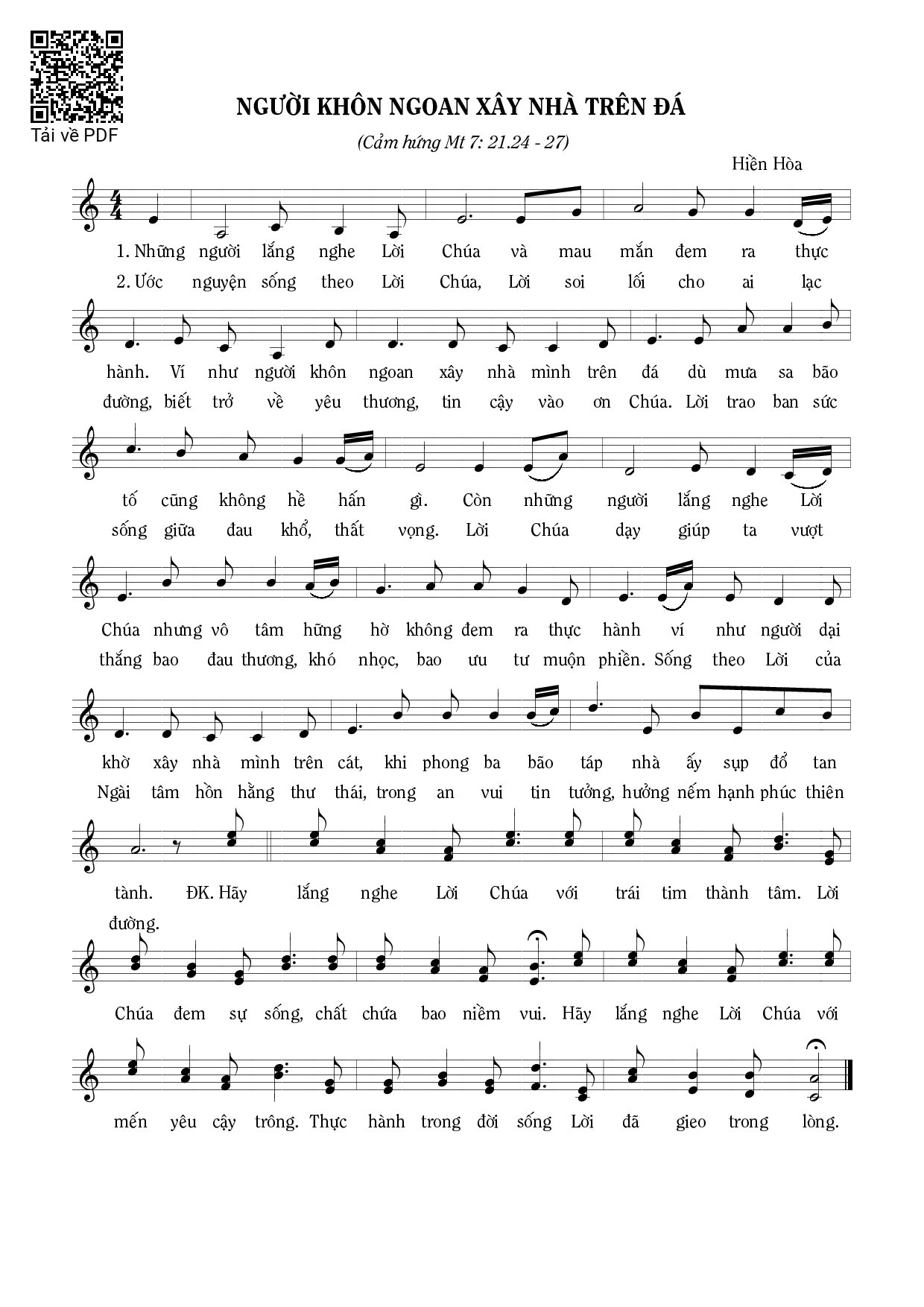 Sheet PDF of Người khôn ngoan xây nhà trên đá (Mt. 7)