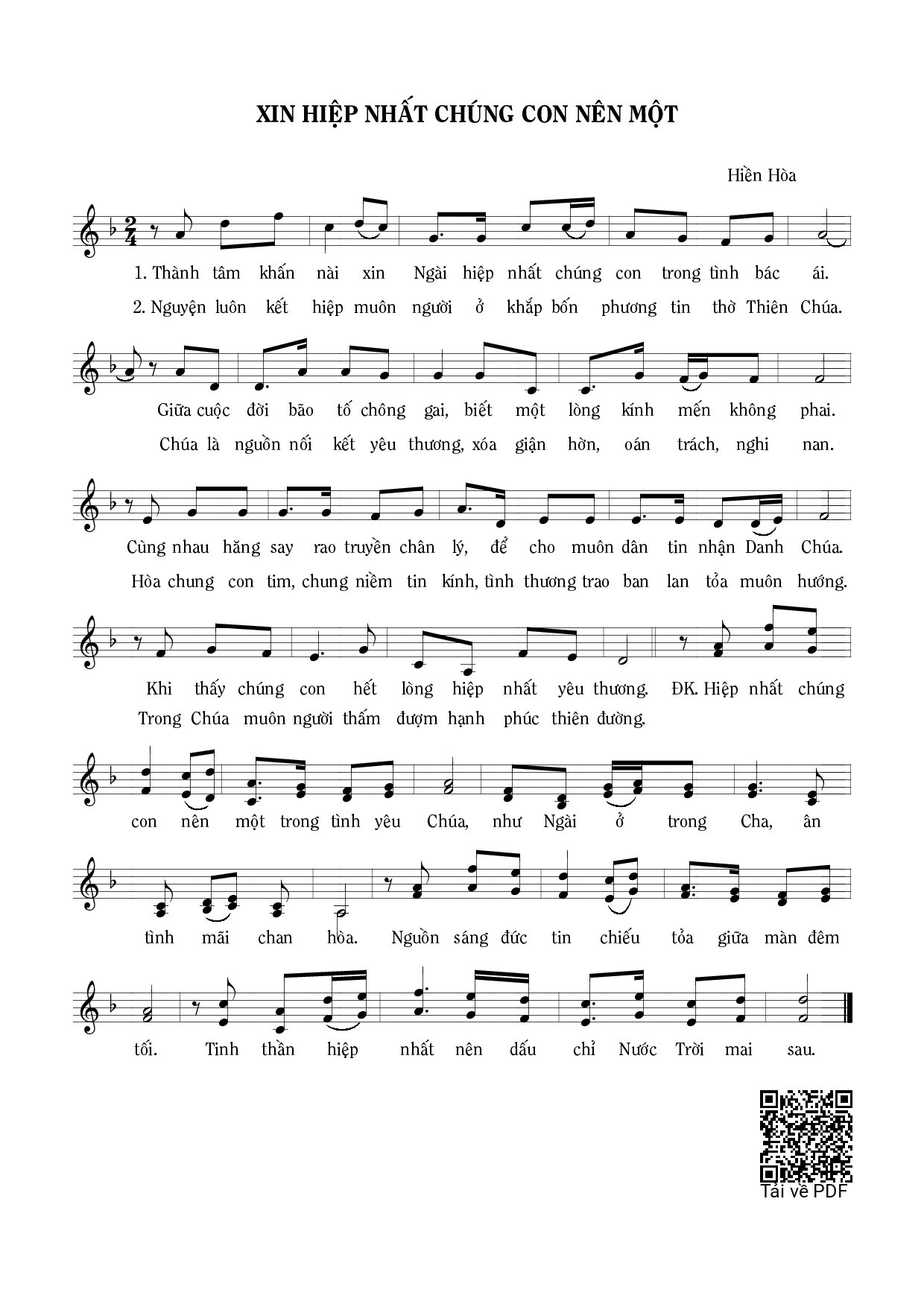 Page 1 of Sheet music PDF Xin hiệp nhất chúng con nên một - Hiền Hòa