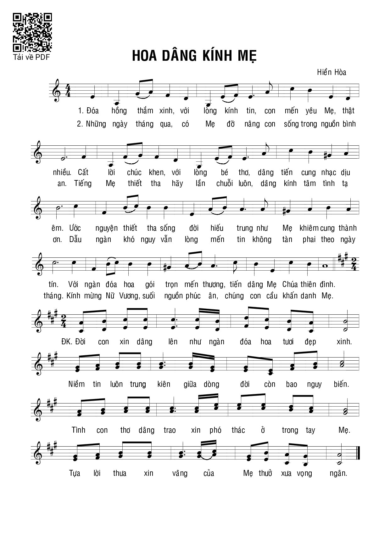Page 1 of Sheet music PDF Hoa dâng kính Mẹ - Hiền Hòa