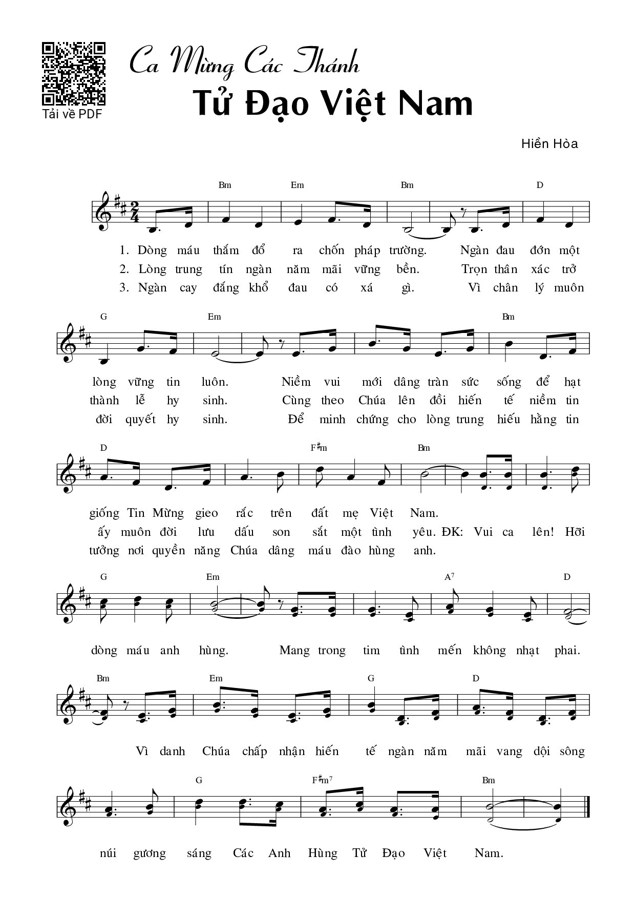 Sheet PDF of Ca mừng Các Thánh Tử Đạo Việt Nam