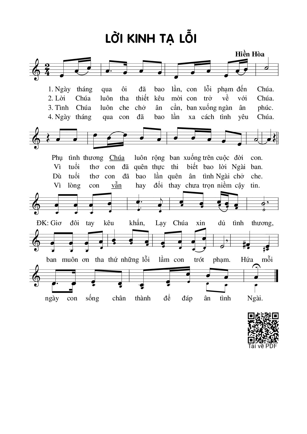 Page 1 of Sheet music PDF Lời kinh tạ lỗi - Hiền Hòa