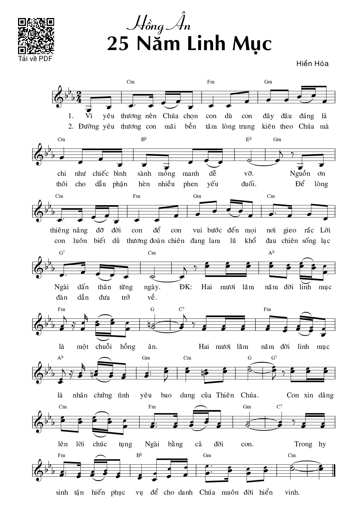 Page 1 of Sheet music PDF Hồng ân 25 năm Linh mục - Hiền Hòa