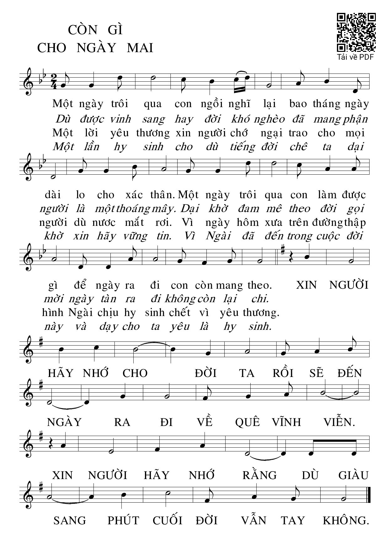 Sheet PDF of Còn Gì Cho Ngày Mai