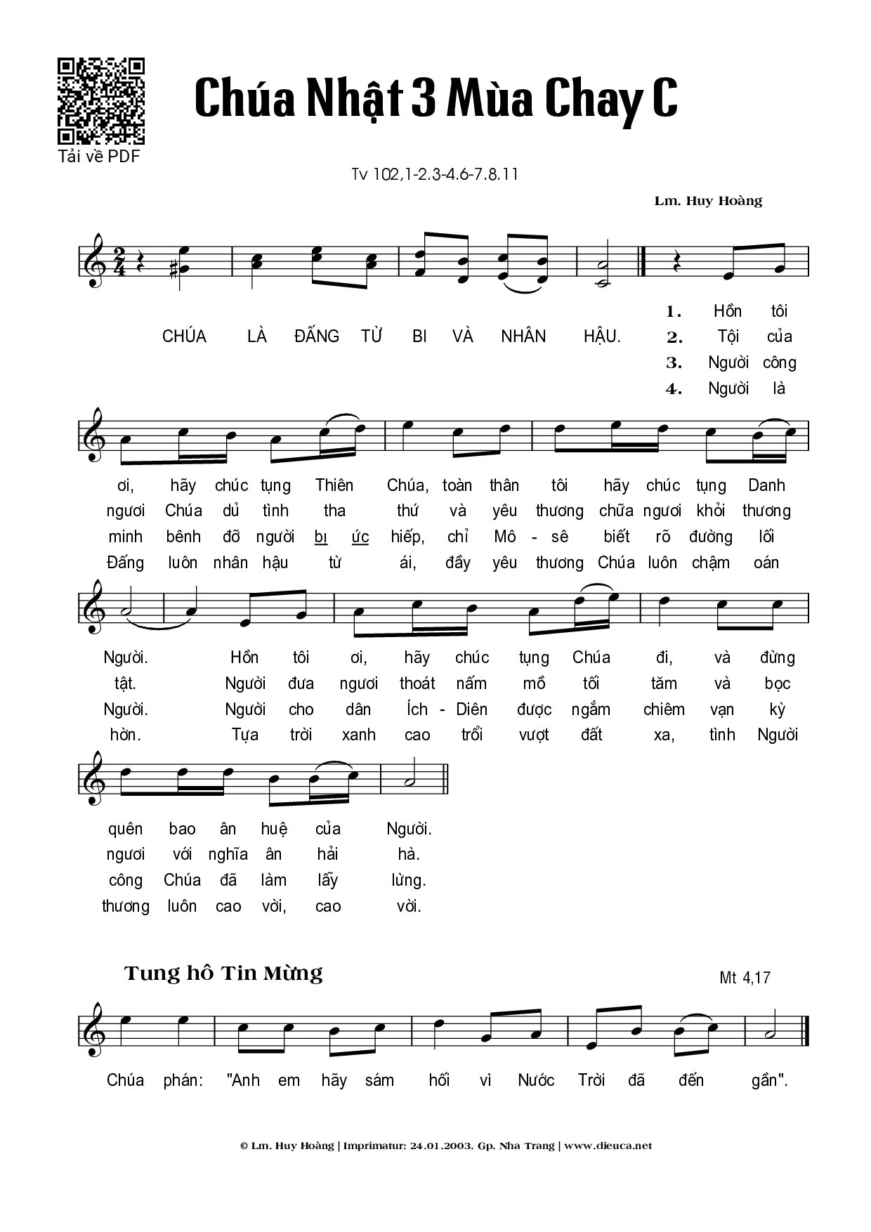 Sheet PDF of Thánh Vịnh 102, Chúa Nhật 3C Mùa Chay