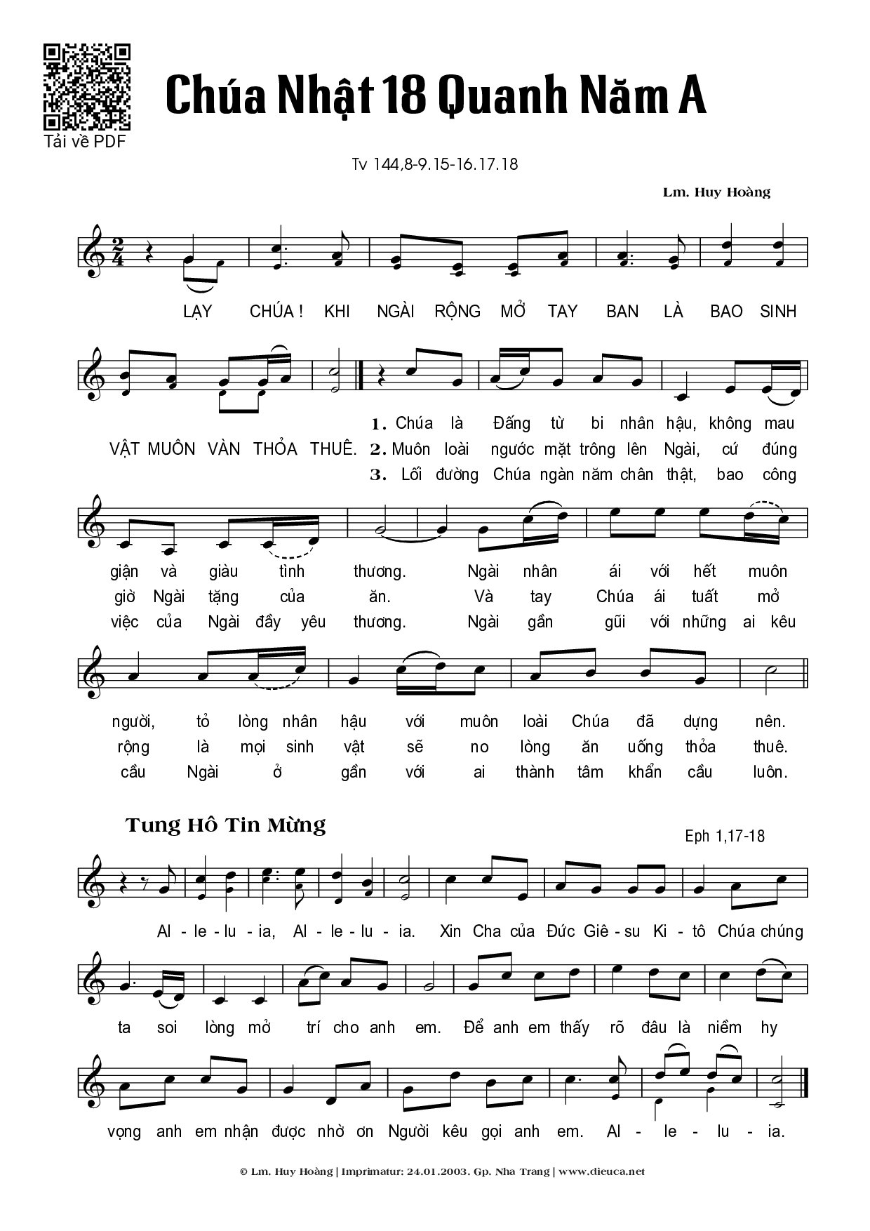 Sheet PDF of Thánh Vịnh 144, Chúa Nhật 18A Thường Niên