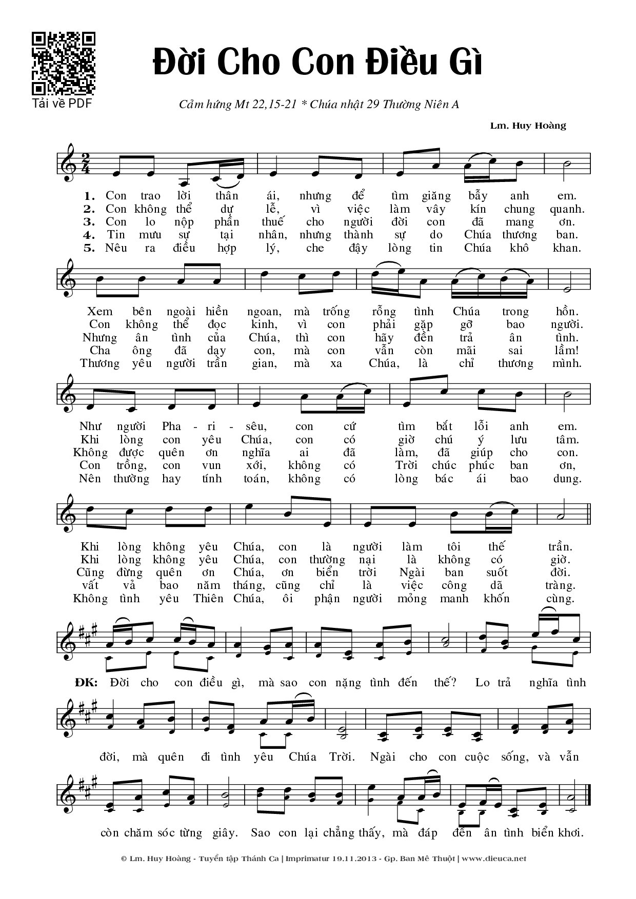 Page 1 of Sheet music PDF Đời Cho Con Điều Gì - Huy Hoàng