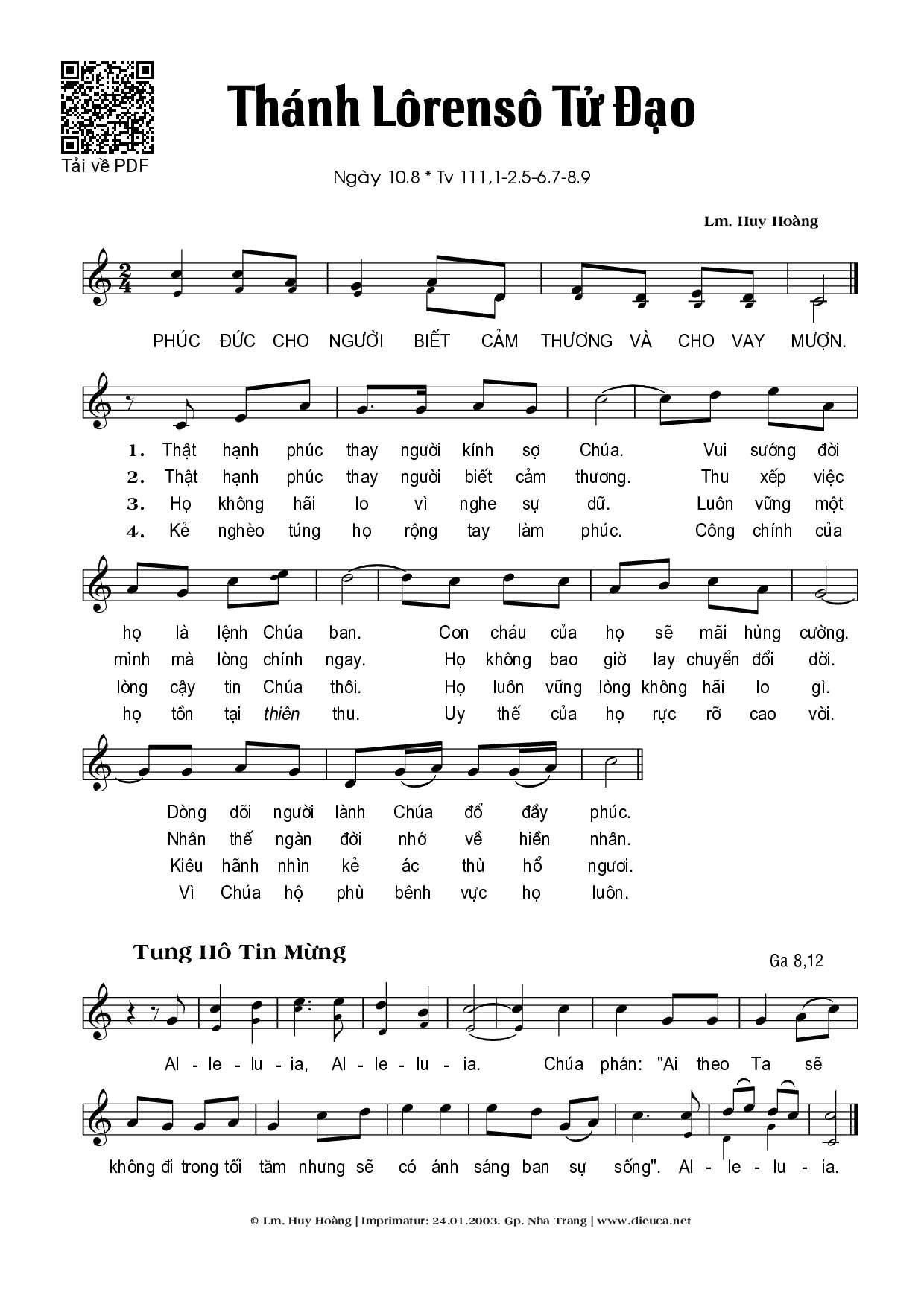 Sheet PDF of Thánh Vịnh 111, Thánh Lôrensô Tử Đạo