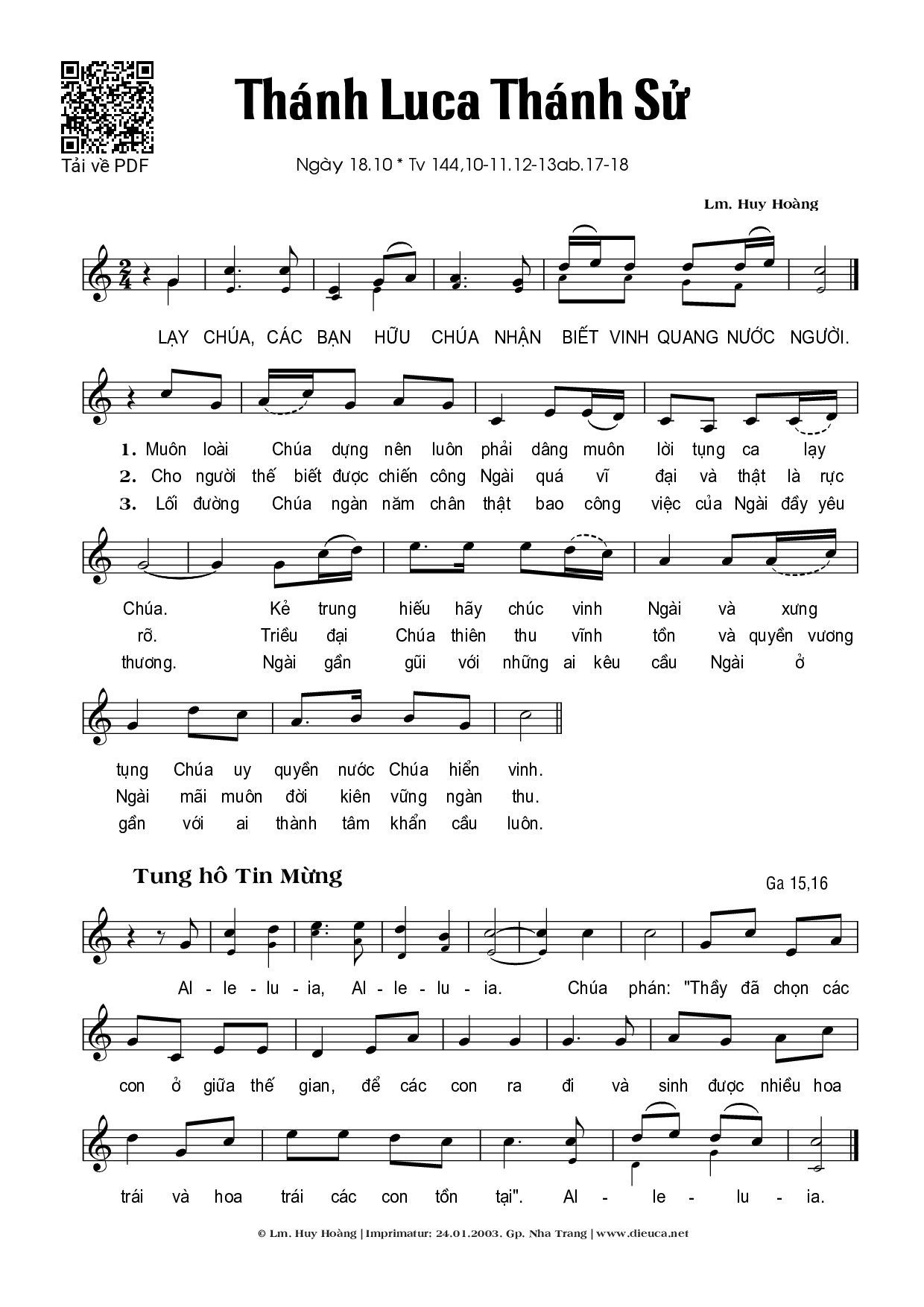 Sheet PDF of Thánh Vịnh 144, Thánh Luca Thánh Sử (18.10