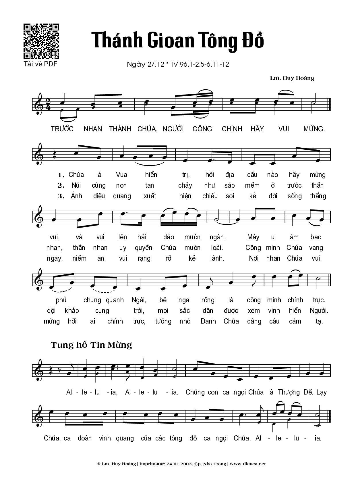 Sheet PDF of Thánh Vịnh 96, Thánh Gioan Tông Đồ 27.12