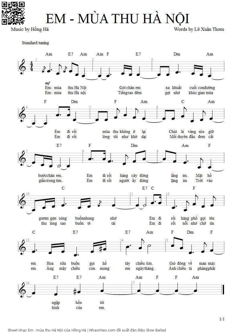 Page 1 of Sheet music PDF Em - mùa thu Hà Nội - Hồng Hà