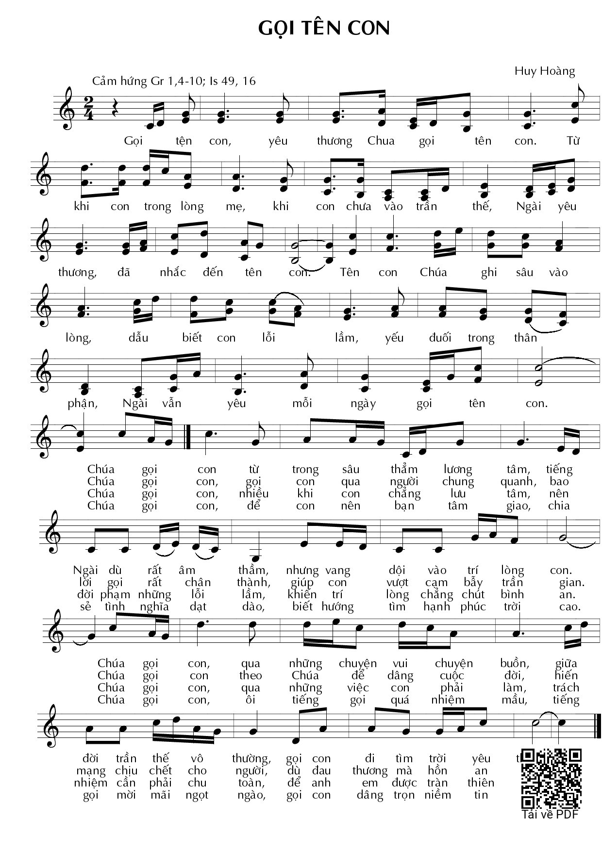 Sheet PDF of Gọi tên con - Huy Hoàng