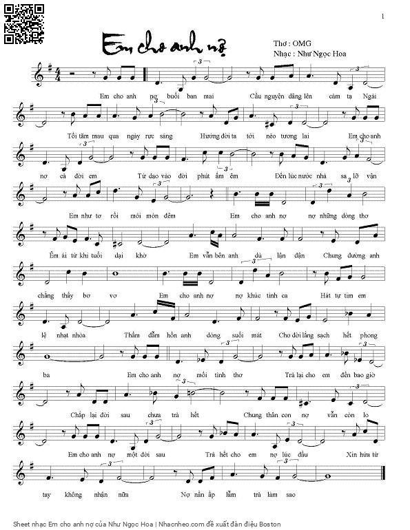 Page 1 of Sheet music PDF Em cho anh nợ - Như Ngọc Hoa