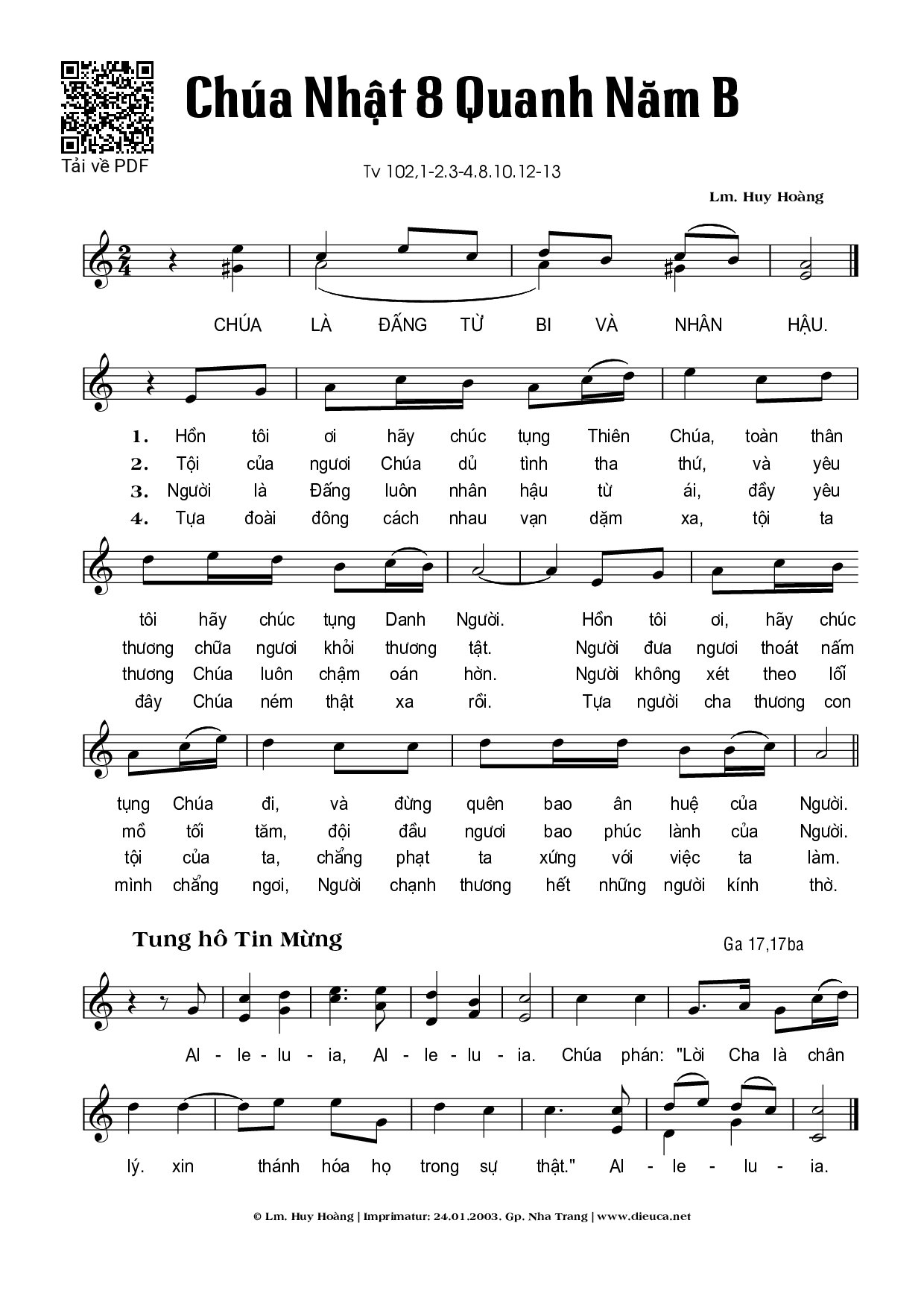 Page 1 of Sheet music PDF Chúa Nhật 8B Thường Niên (Thánh Vịnh 102) - Huy Hoàng