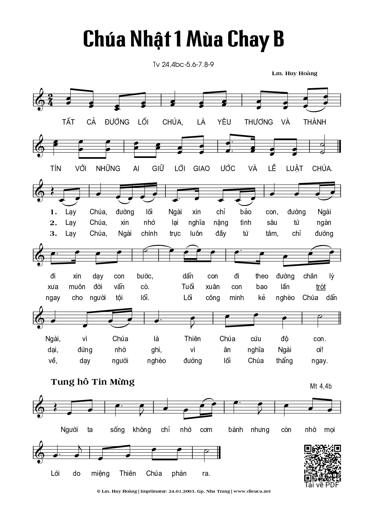Page 1 of Sheet music PDF Chúa Nhật 1B Mùa Chay (Thánh Vịnh 24) - Huy Hoàng