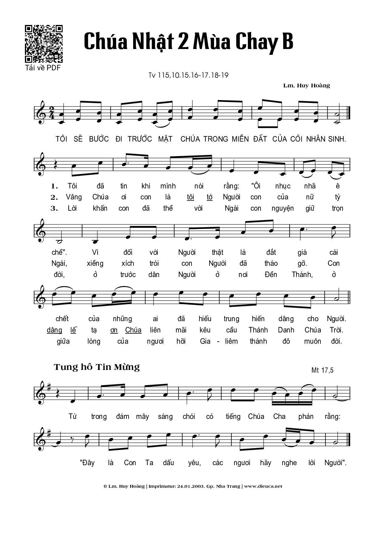 Page 1 of Sheet music PDF Chúa Nhật 2B Mùa Chay (Thánh Vịnh 115) - Huy Hoàng