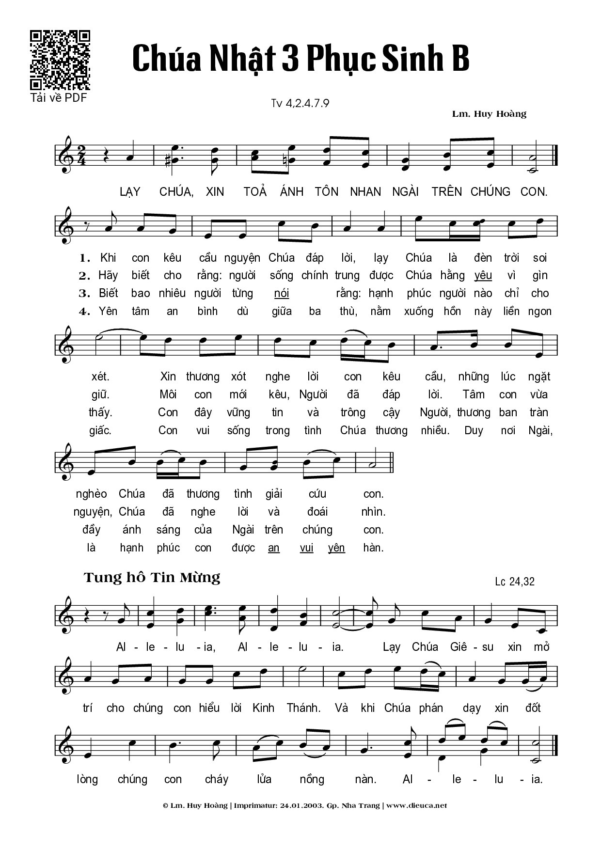 Page 1 of Sheet music PDF Chúa Nhật 3B Phục Sinh (Thánh Vịnh 4) - Huy Hoàng