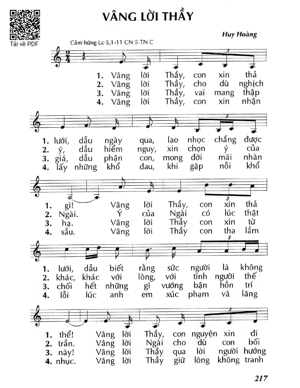 Page 1 of Sheet music PDF Vâng lời Thầy (Lc. 5) - Huy Hoàng