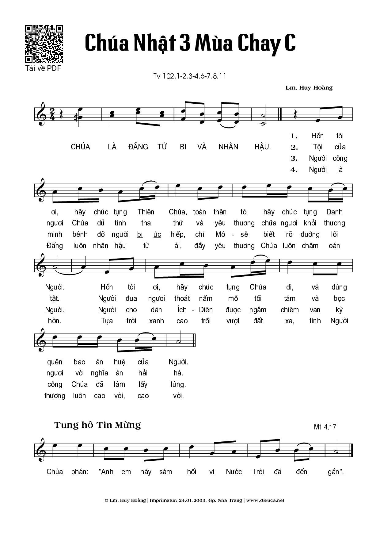 Page 1 of Sheet music PDF Chúa Nhật 3C Mùa Chay (Thánh Vịnh 102) - Huy Hoàng
