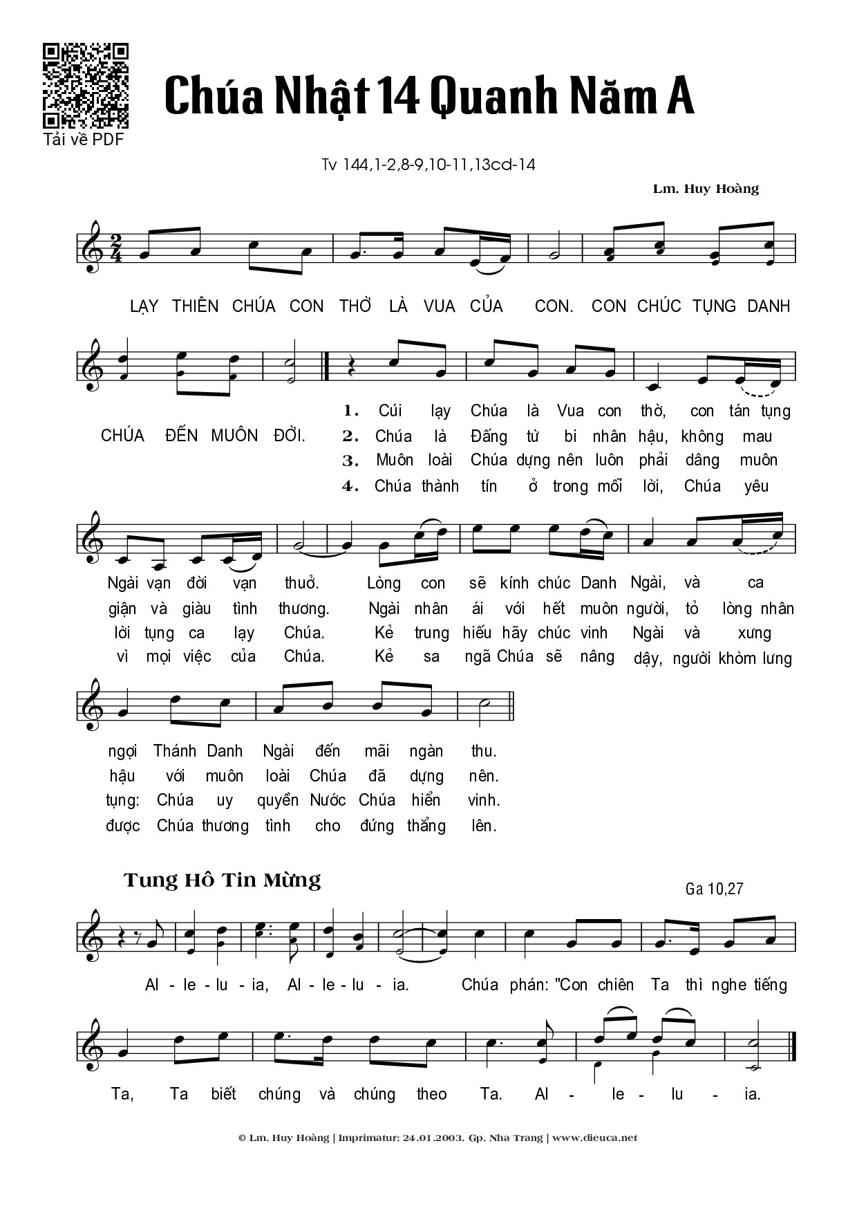 Page 1 of Sheet music PDF Chúa Nhật 31C Thường Niên (Thánh Vịnh 144) - Huy Hoàng