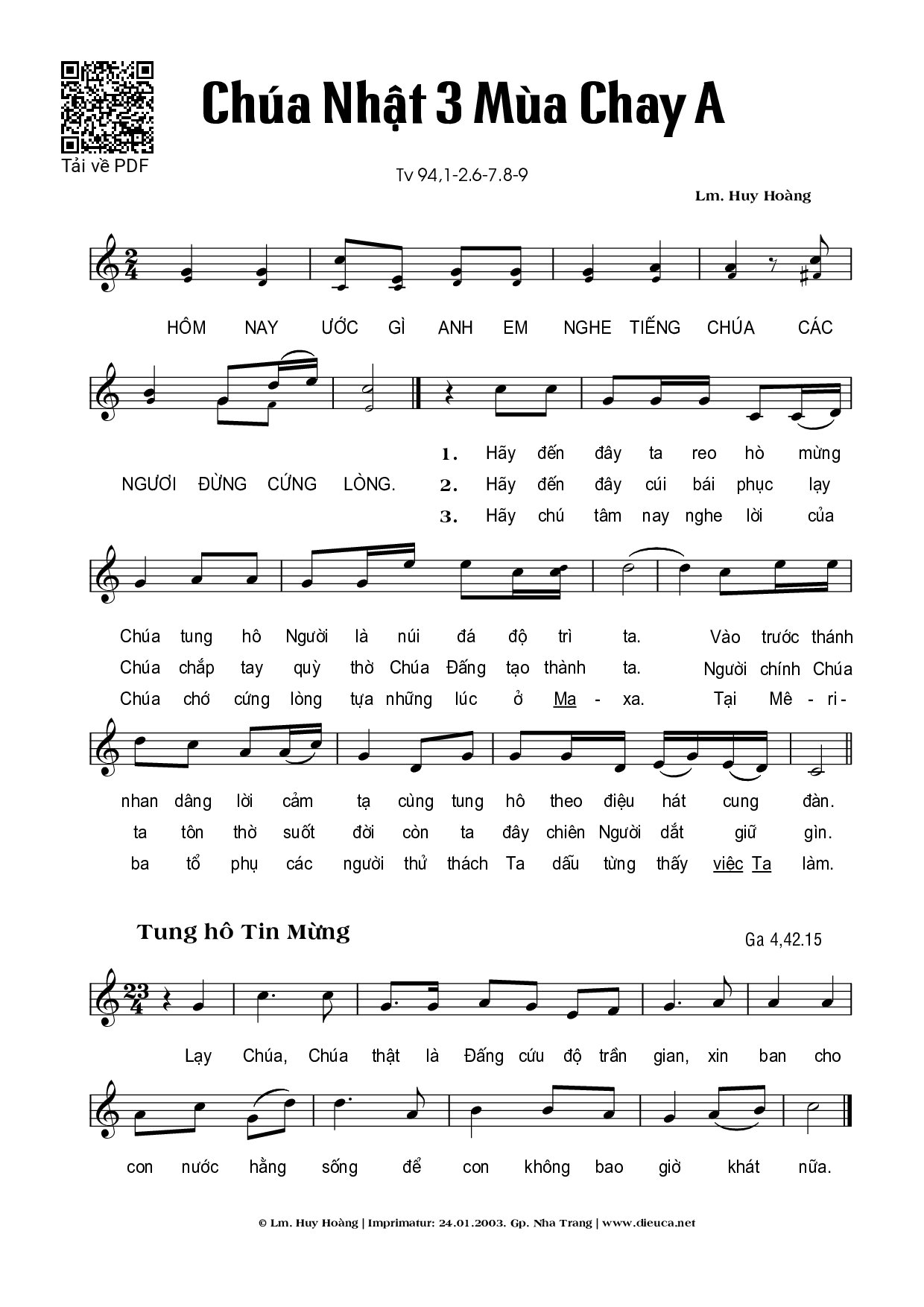 Page 1 of Sheet music PDF Chúa Nhật 3A Mùa Chay (Thánh Vịnh 94) - Huy Hoàng