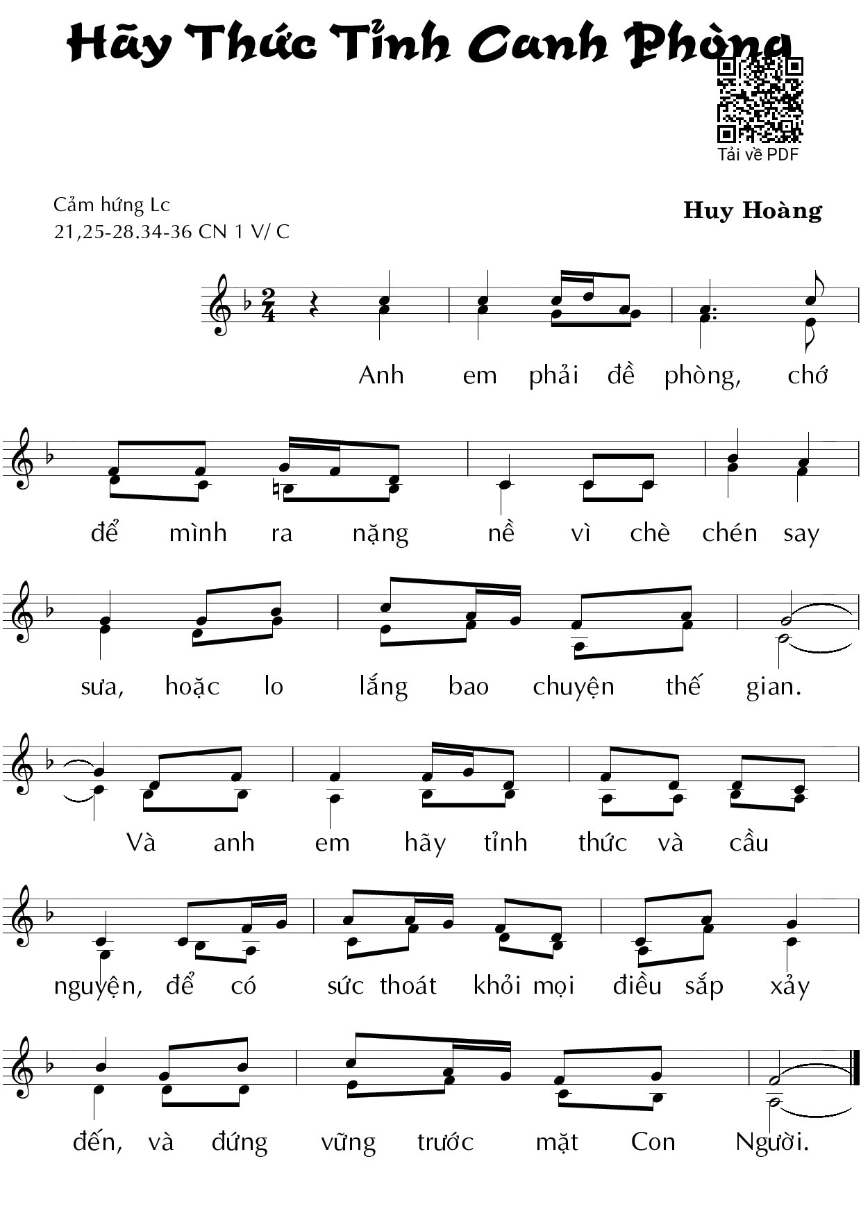 Sheet PDF of Hãy thức tỉnh canh phòng