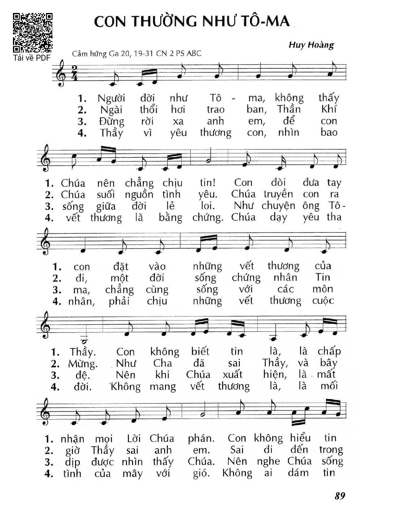 Sheet PDF of Con thường như Tô-ma (Ga 20, 19-31) – Chúa Nhật 2 Phục Sinh/ABC.