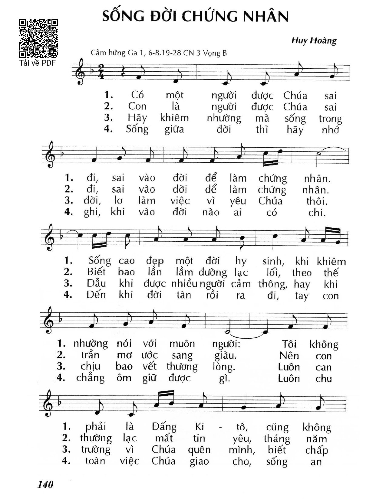 Page 1 of Sheet music PDF Sống đời chứng nhân (Ga 1, 6-8,19-28) – Chúa Nhật 3 Mùa Vọng/B. - Huy Hoàng