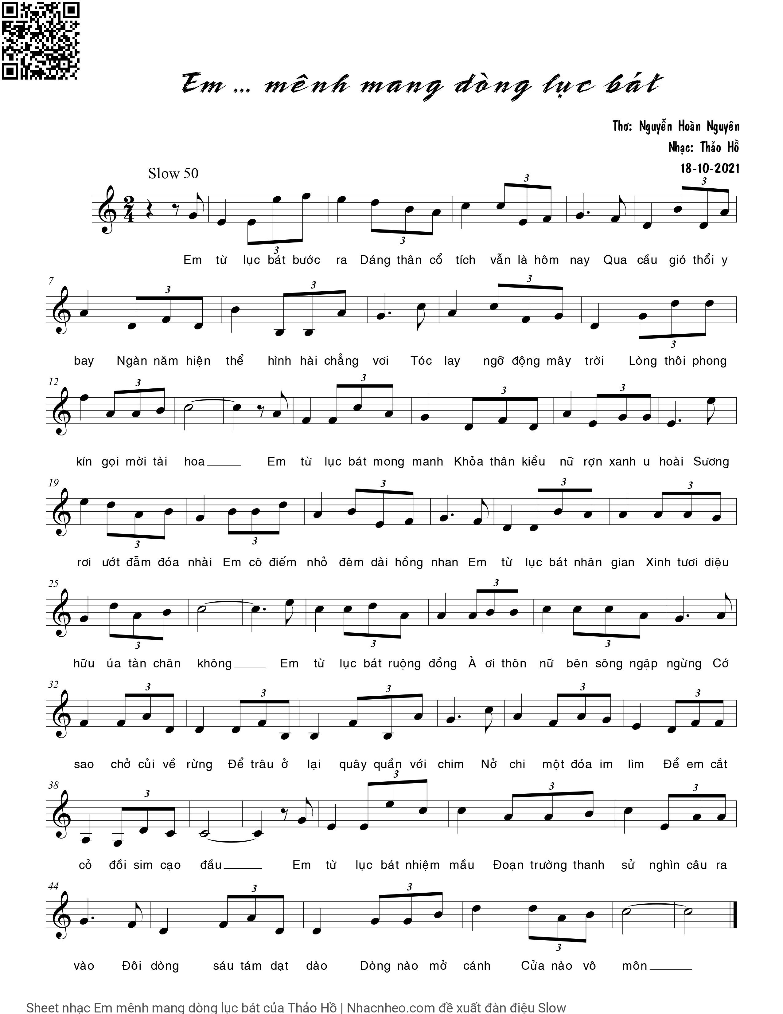 Page 1 of Sheet music PDF Em mênh mang dòng lục bát - Thảo Hồ