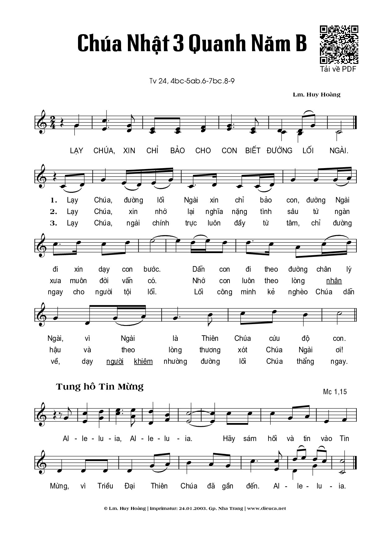 Page 1 of Sheet music PDF Chúa Nhật 3B Thường Niên (Thánh Vịnh 24) - Huy Hoàng