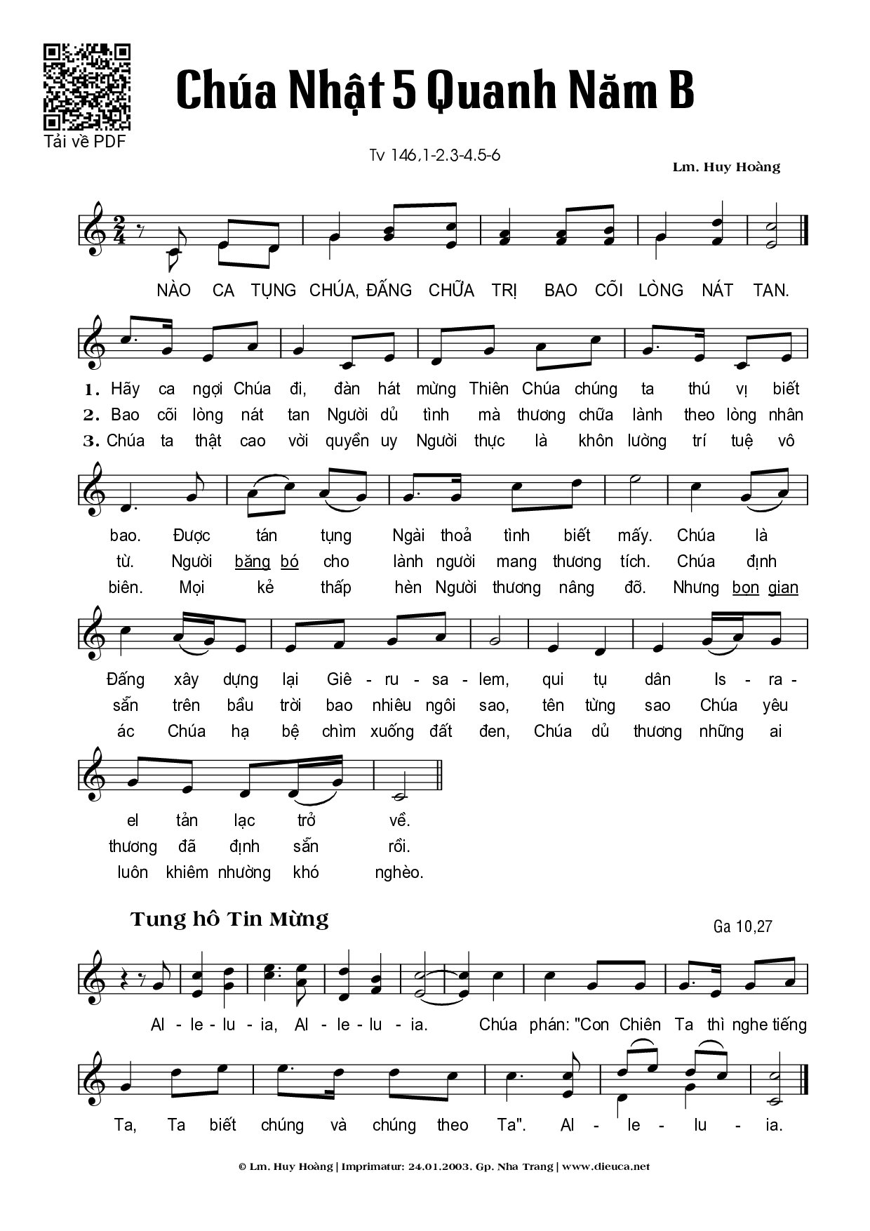 Page 1 of Sheet music PDF Chúa Nhật 5B Thường Niên (Thánh Vịnh 146) - Huy Hoàng