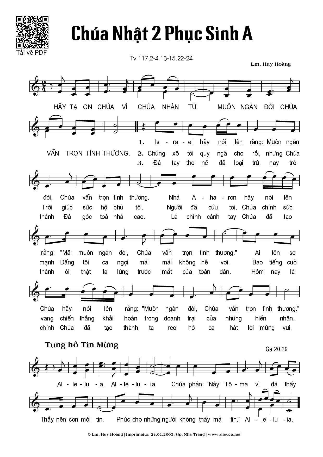 Page 1 of Sheet music PDF Chúa Nhật 2A Phục Sinh (Thánh Vịnh 117) - Huy Hoàng