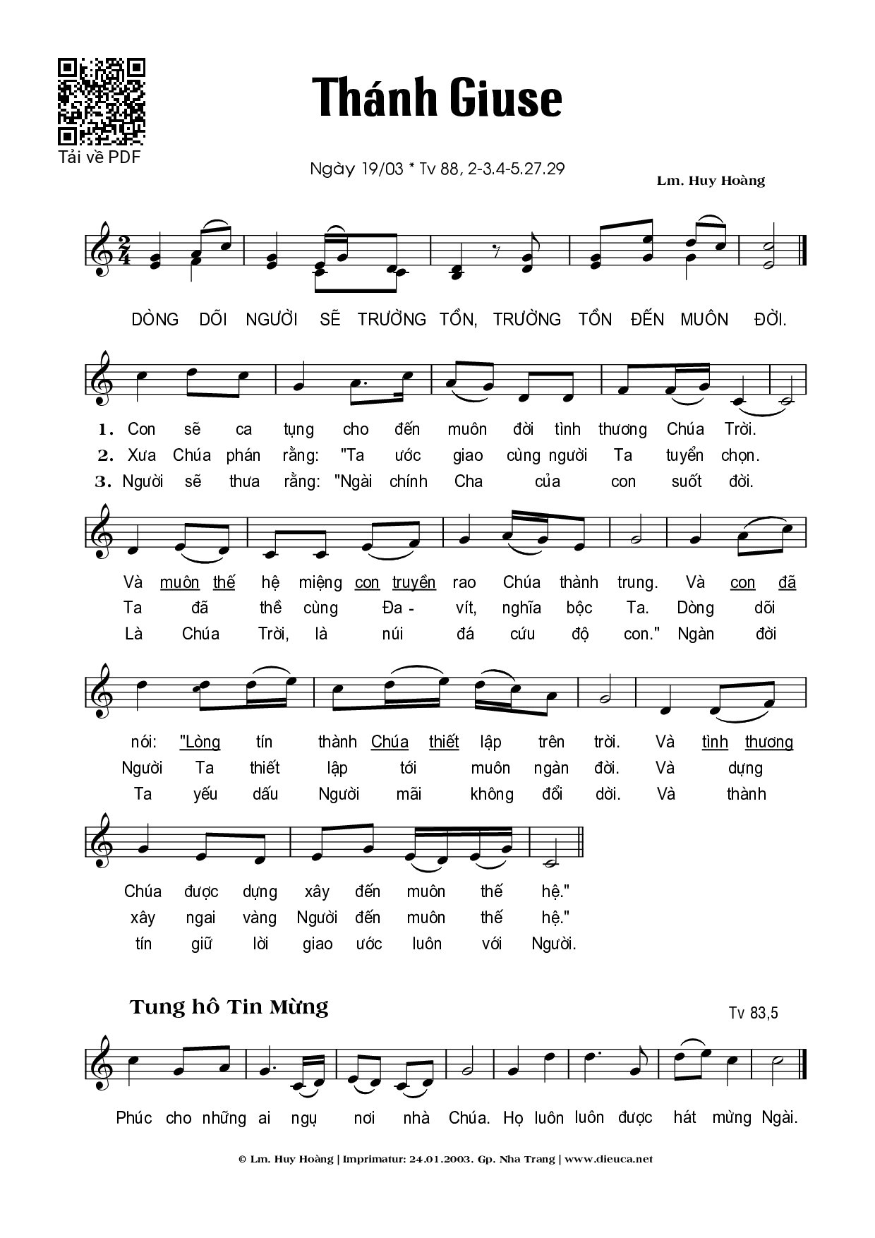 Page 1 of Sheet music PDF Thánh Giuse (19.03 - Huy Hoàng